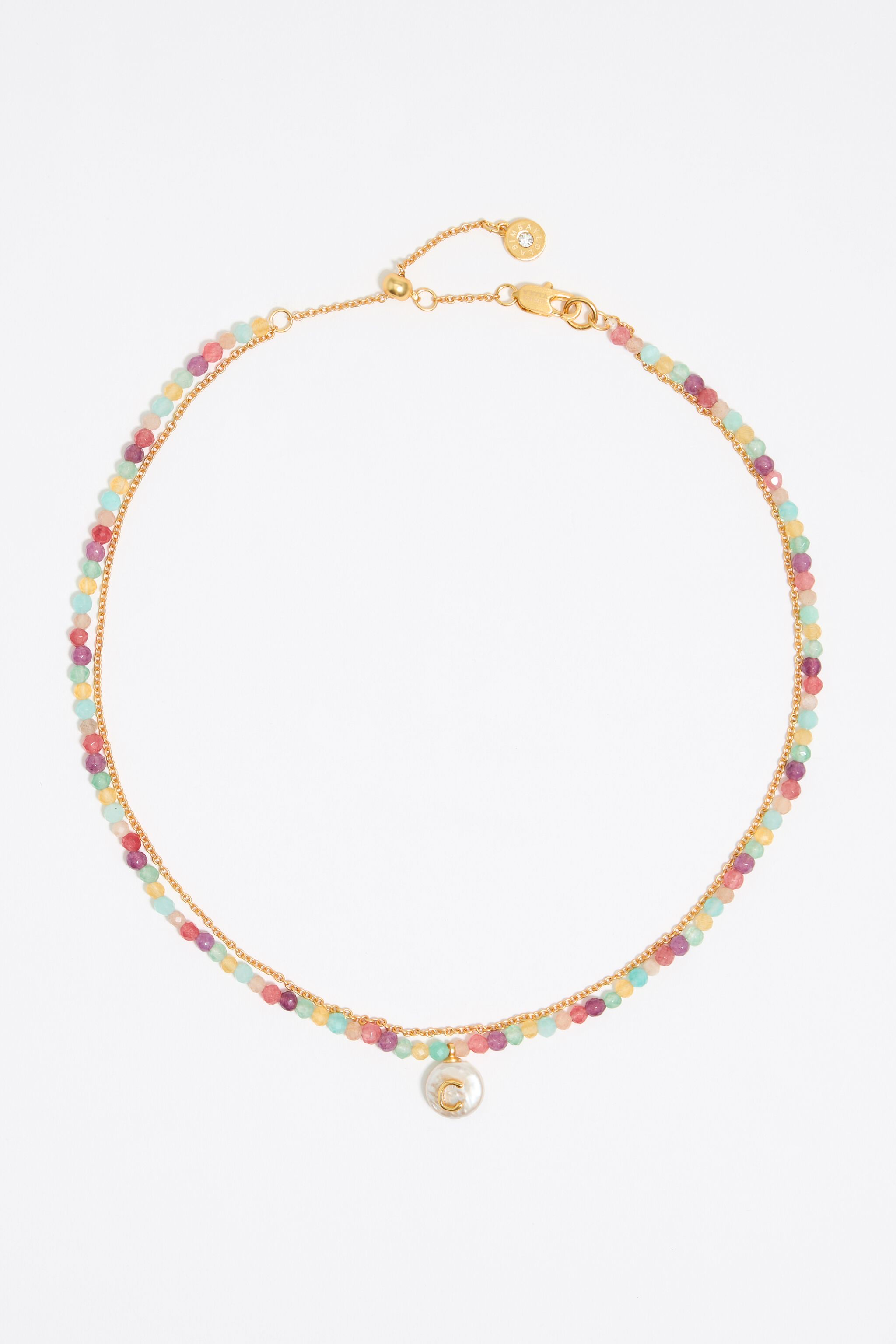 Letter C pearl and multicolor stones necklace