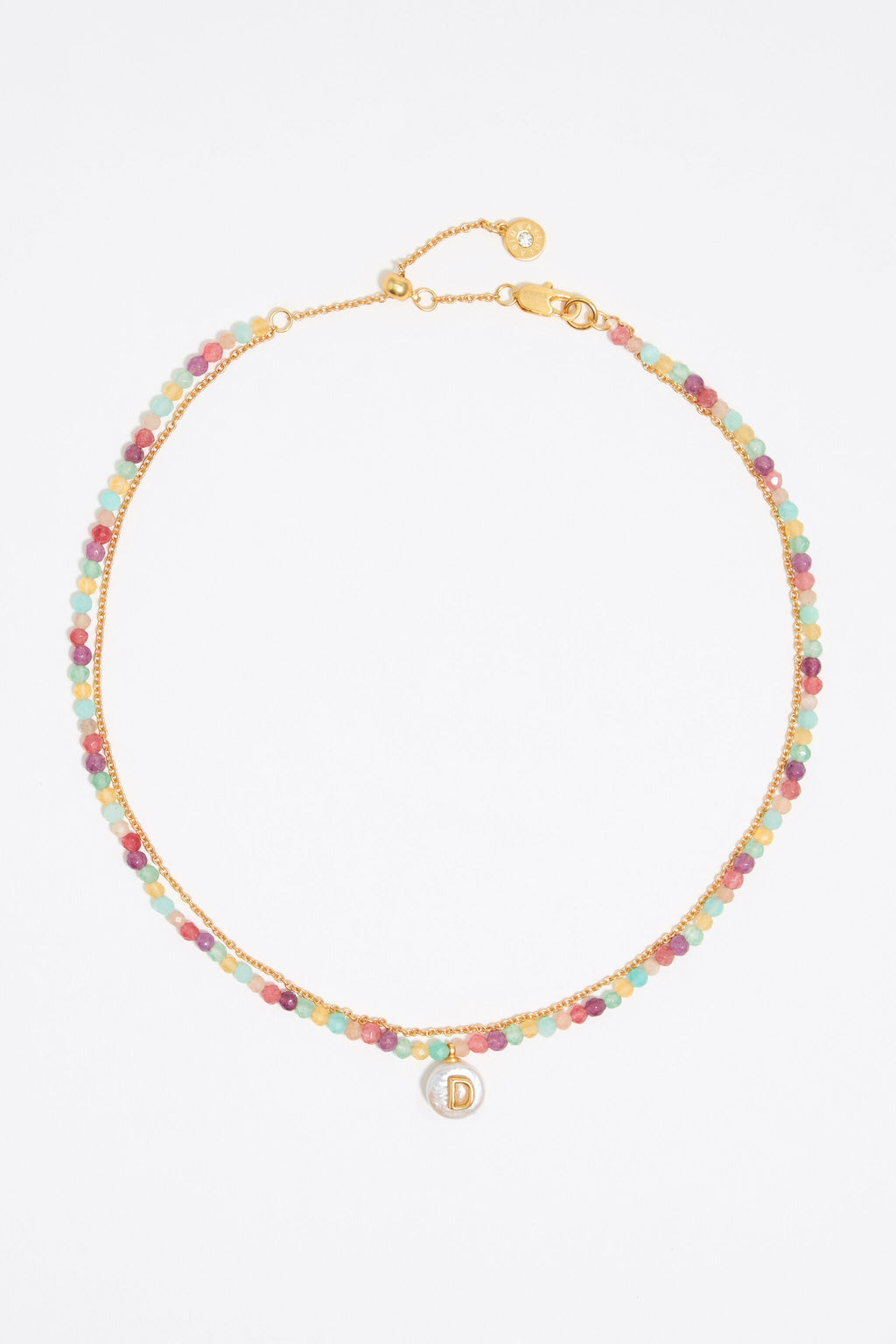 Letter D pearl and multicolor stones necklace
