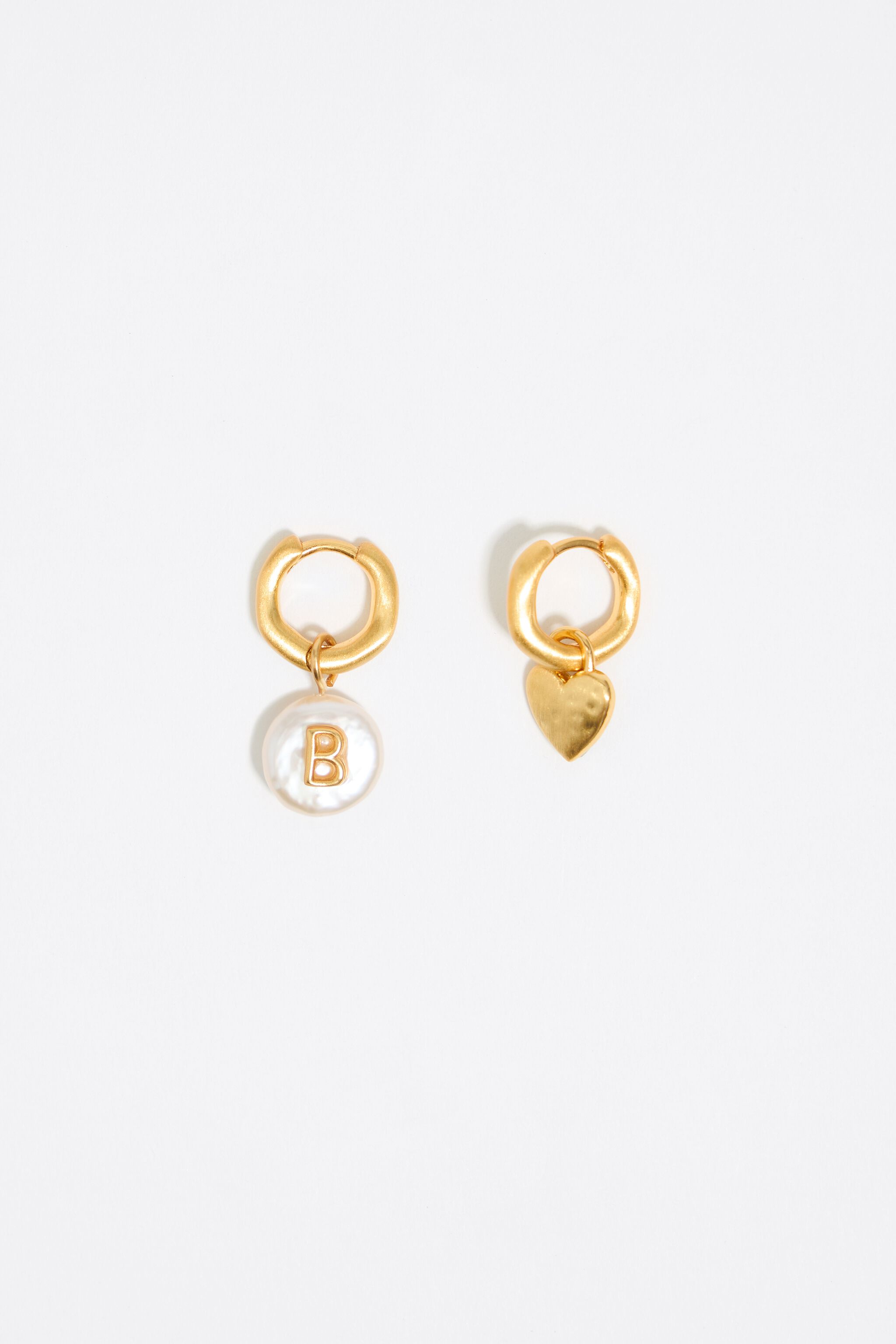 Letter B pearl and heart hoop earrings