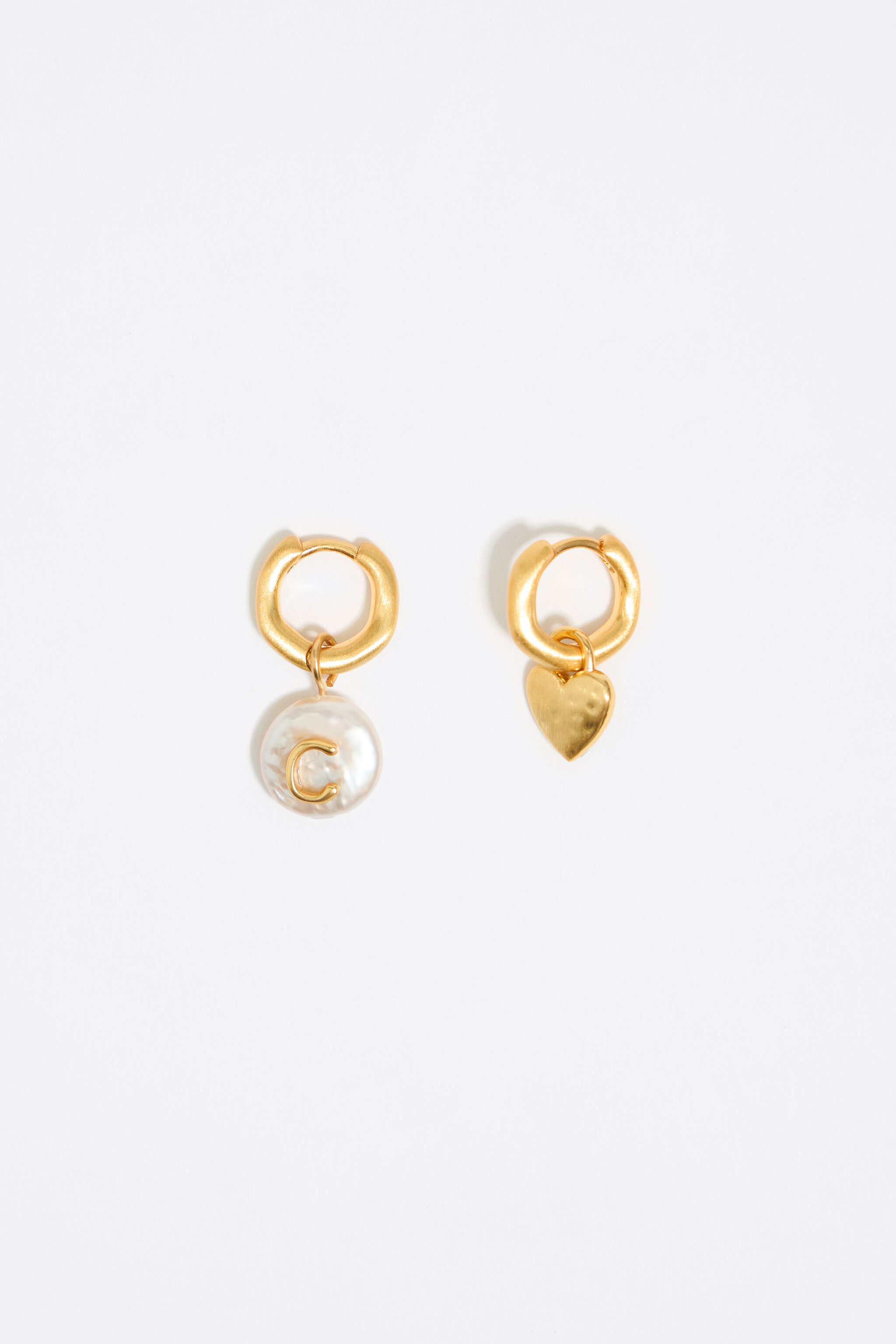Letter C pearl and heart hoop earrings