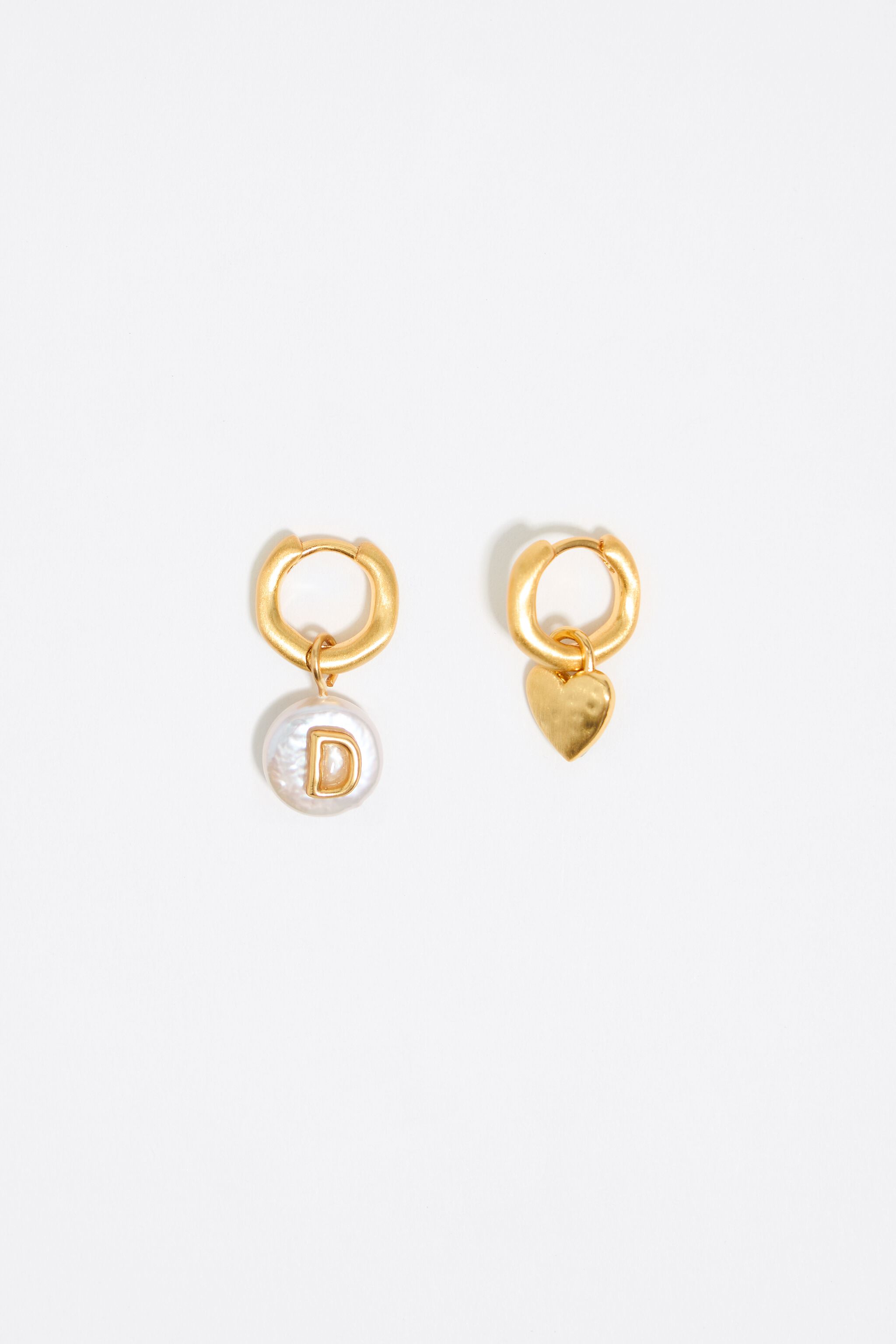 Letter D pearl and heart hoop earrings