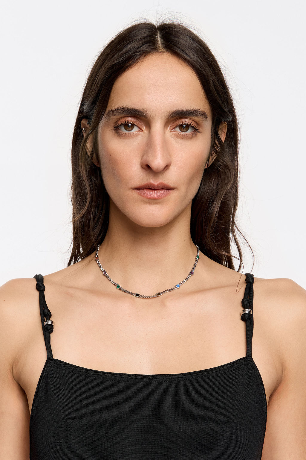 Multicolor stone heart chain necklace