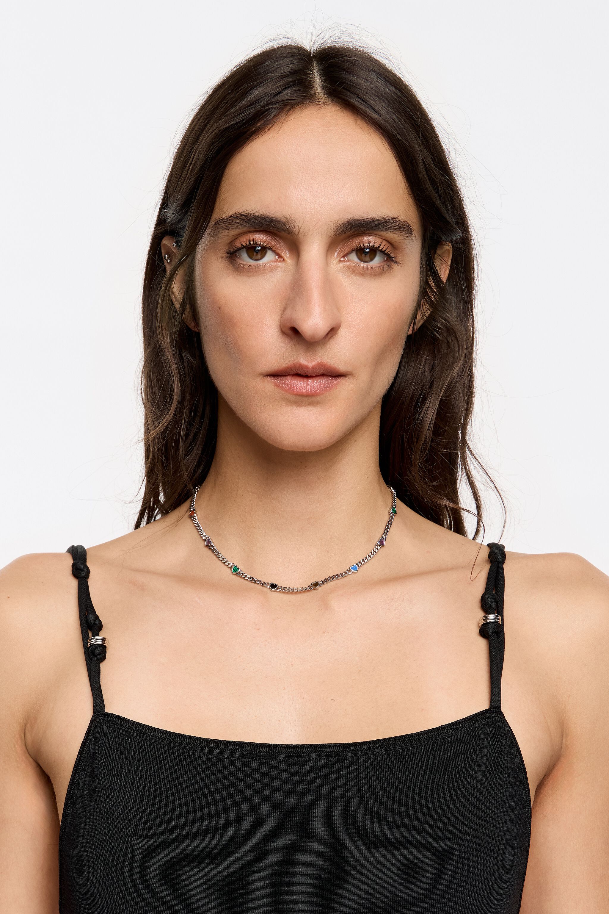 Multicolor stone heart chain necklace