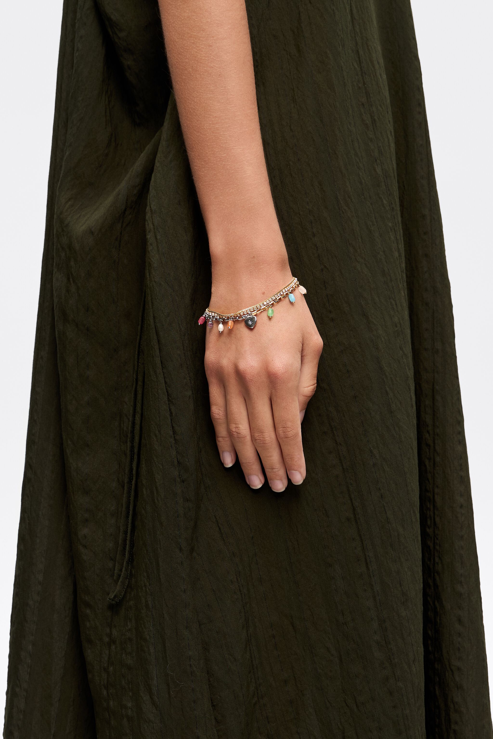 Layered chains, stones and crystals bracelet