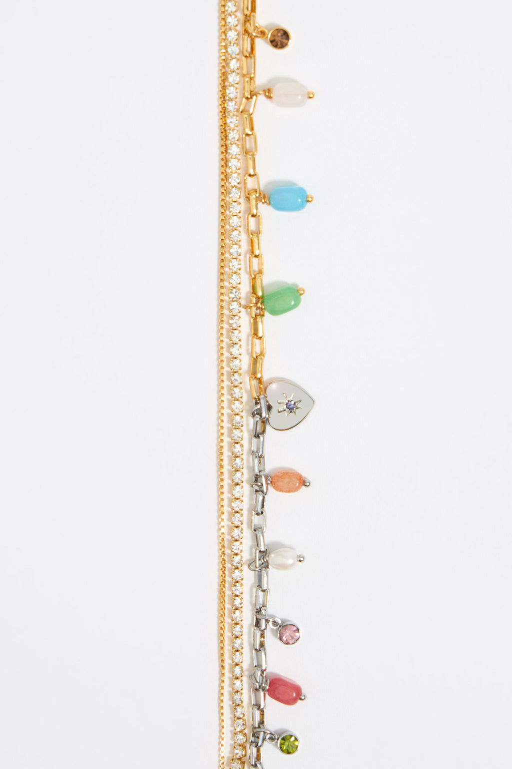 Layered chains, stones and crystals bracelet