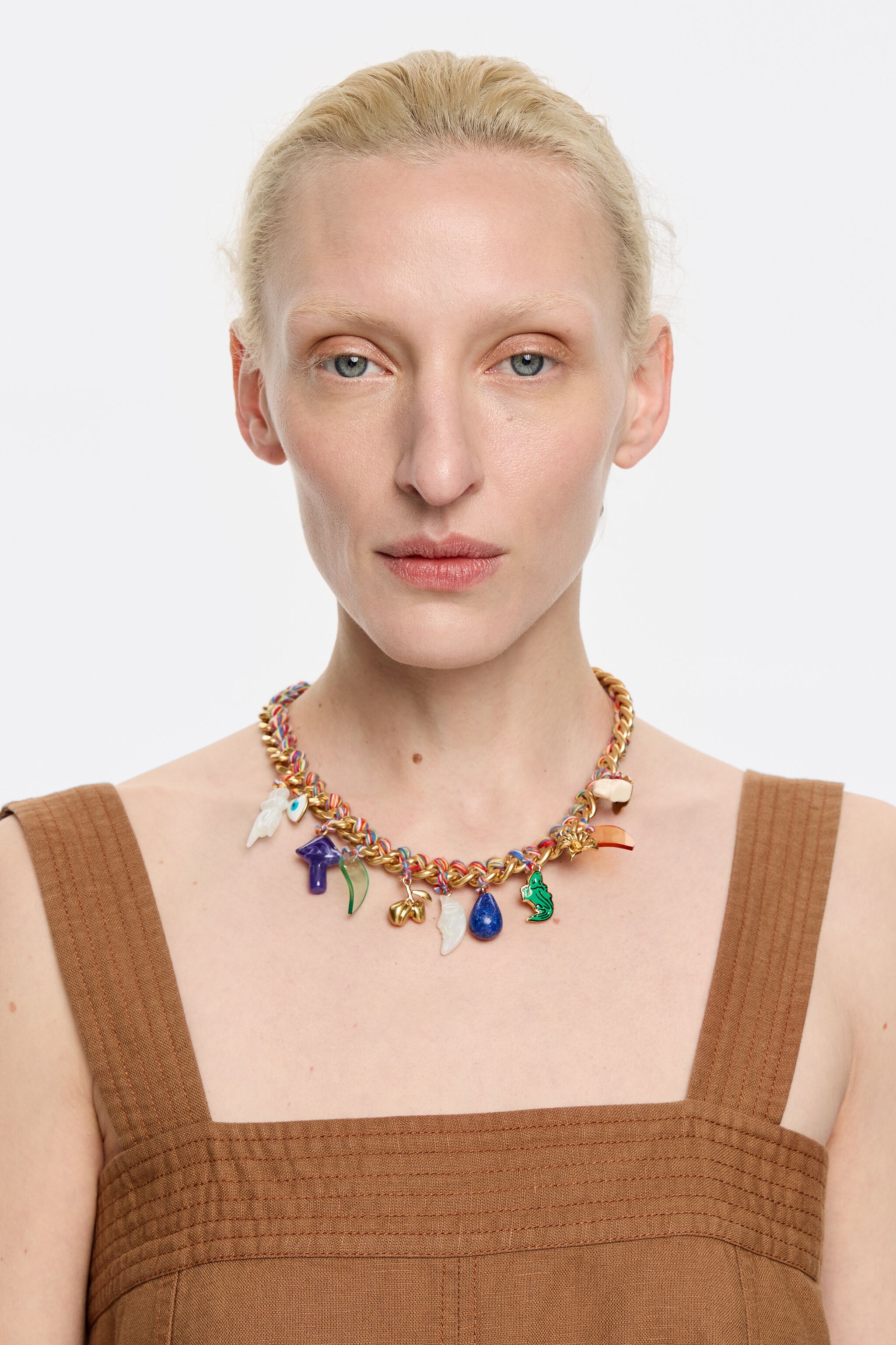 Chain and multicolor cord jungle charms necklace