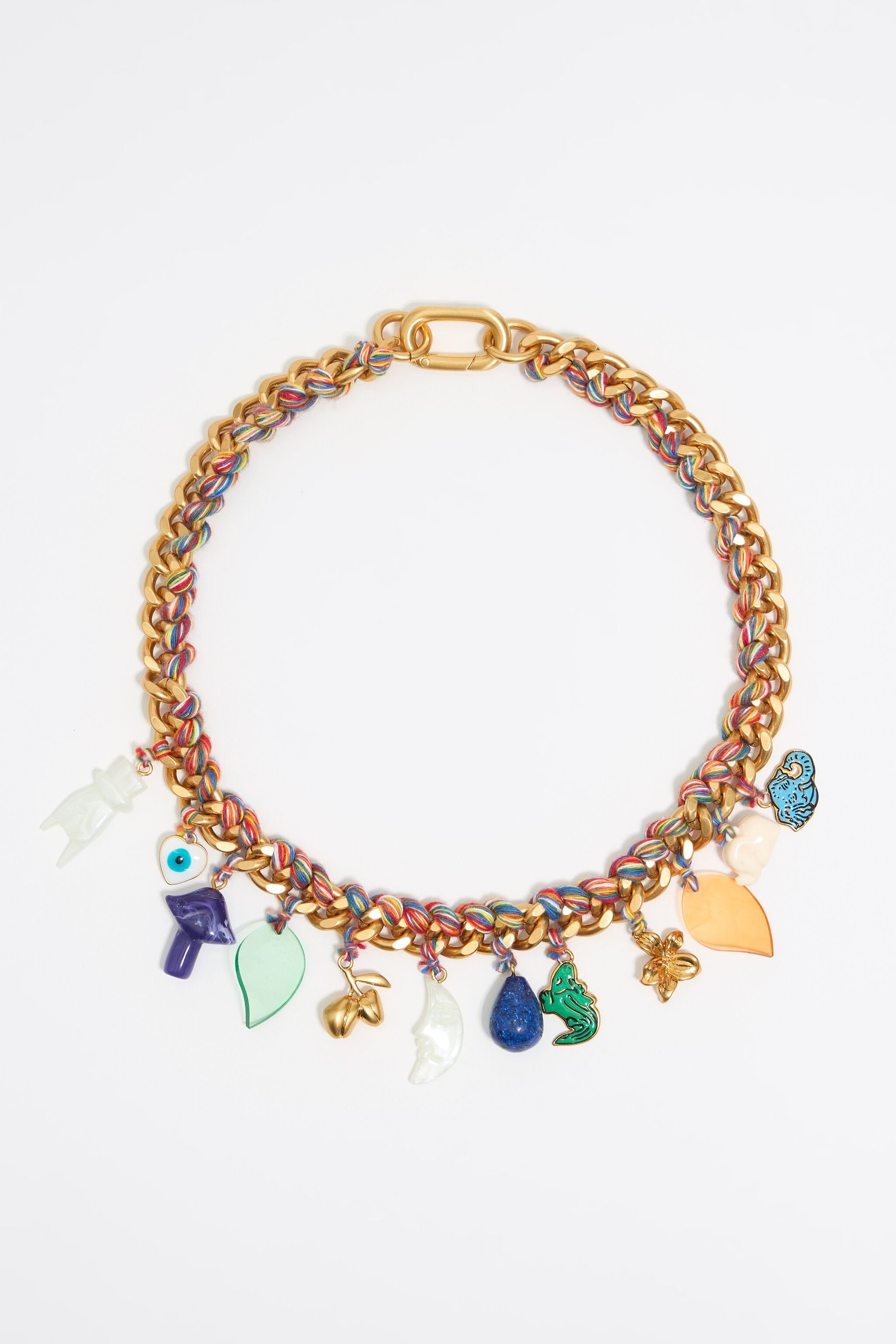 Chain and multicolor cord jungle charms necklace