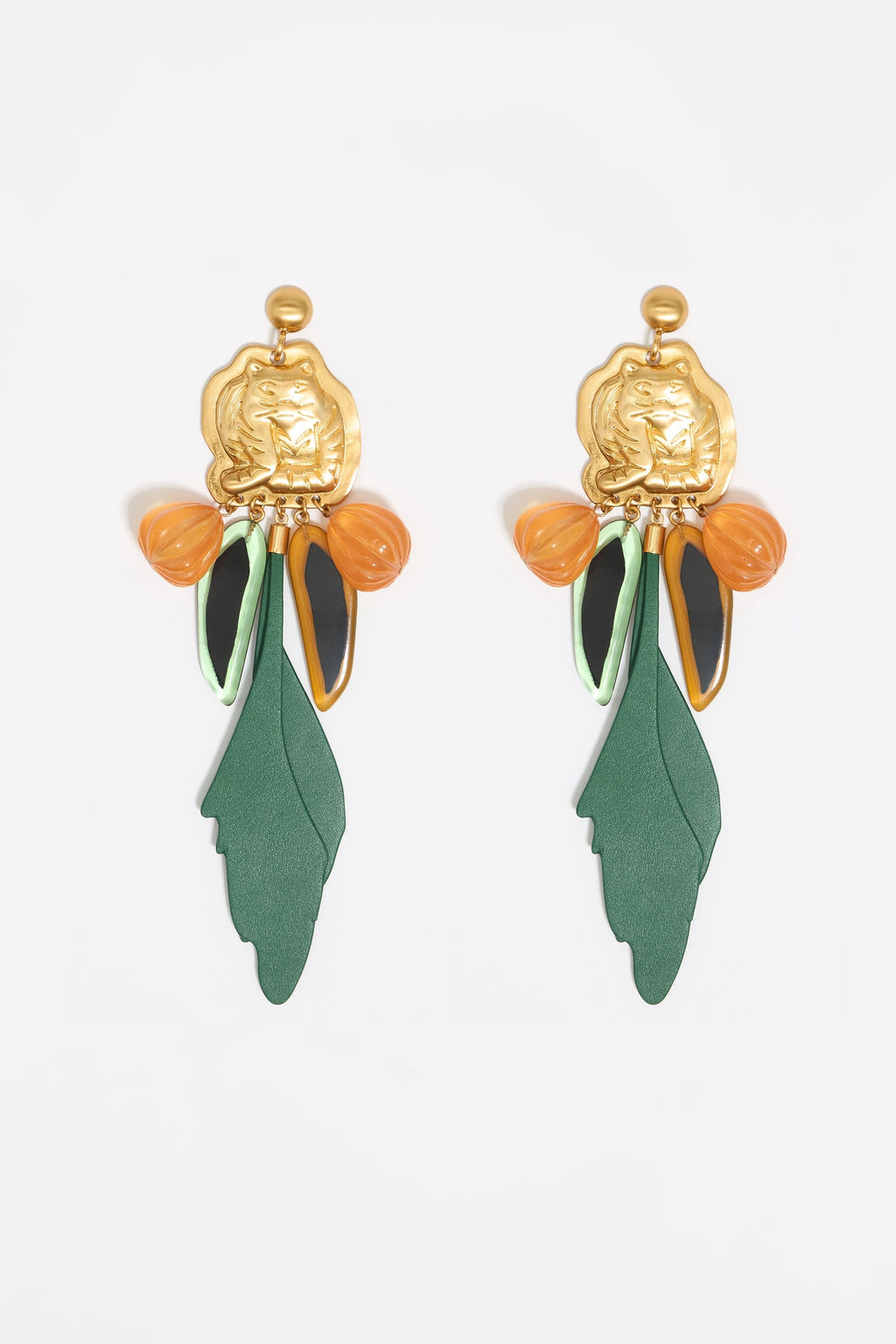 Gold tigers and green leaves earrings