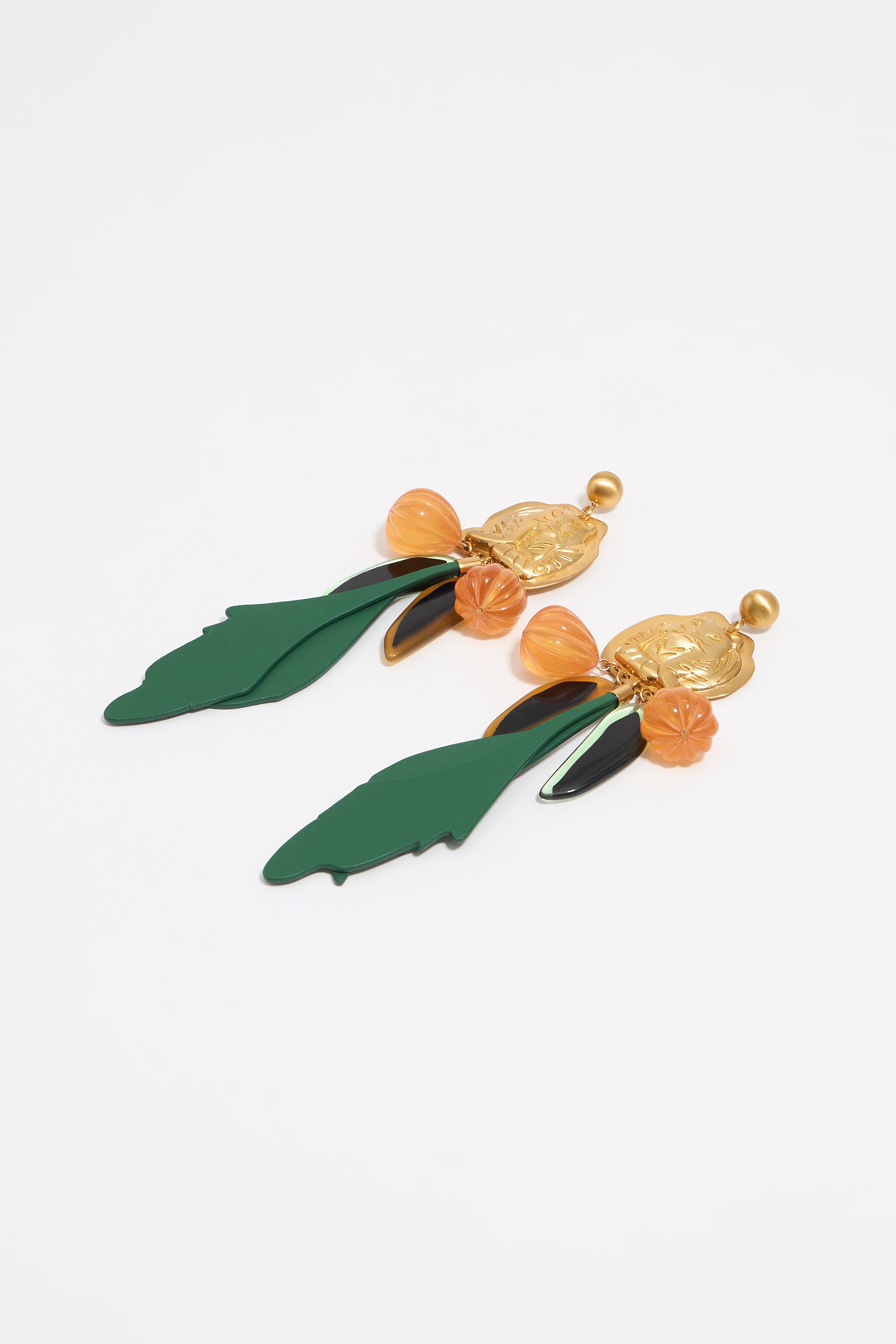 Gold tigers and green leaves earrings