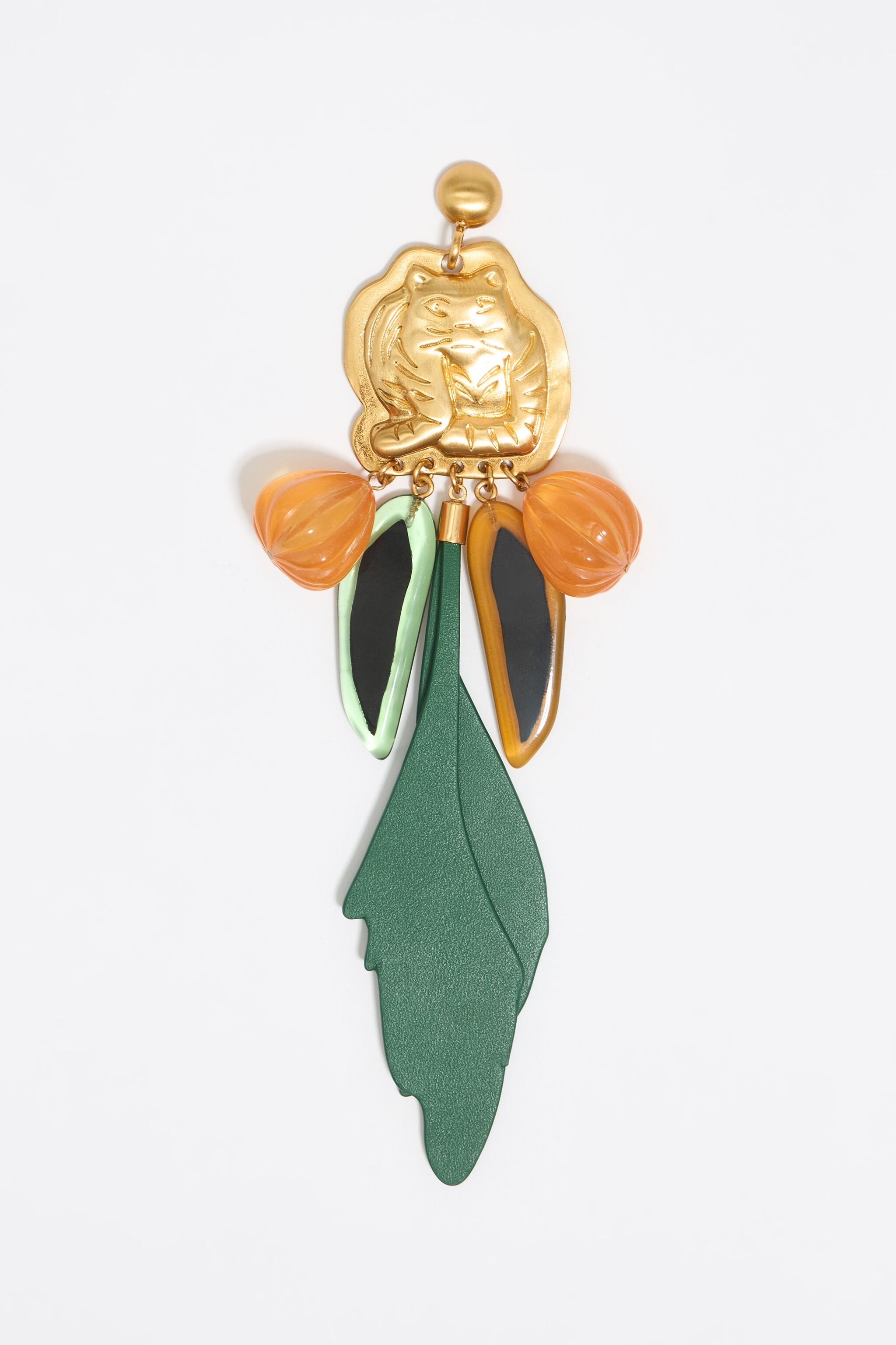 Gold tigers and green leaves earrings