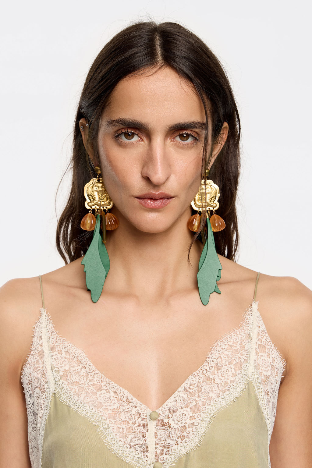 Gold tigers and green leaves earrings