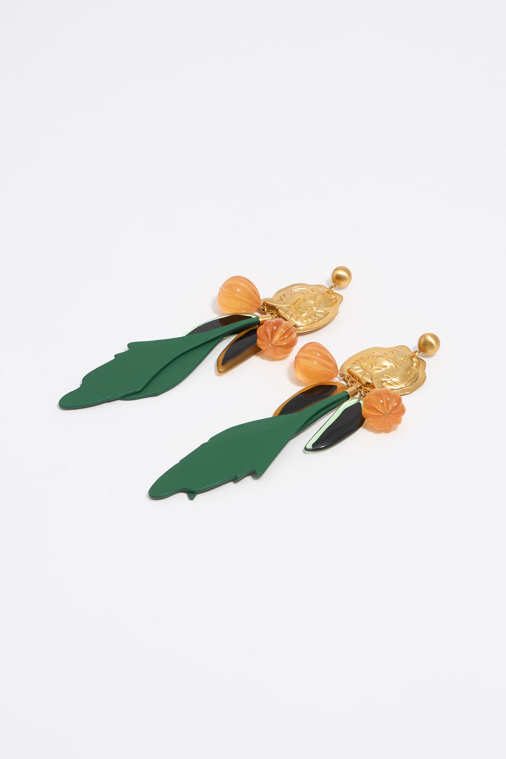Gold tigers and green leaves earrings
