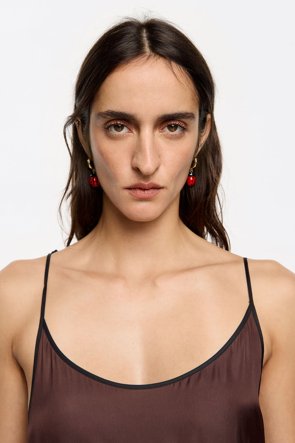 Red crystal ladybug hoop earrings