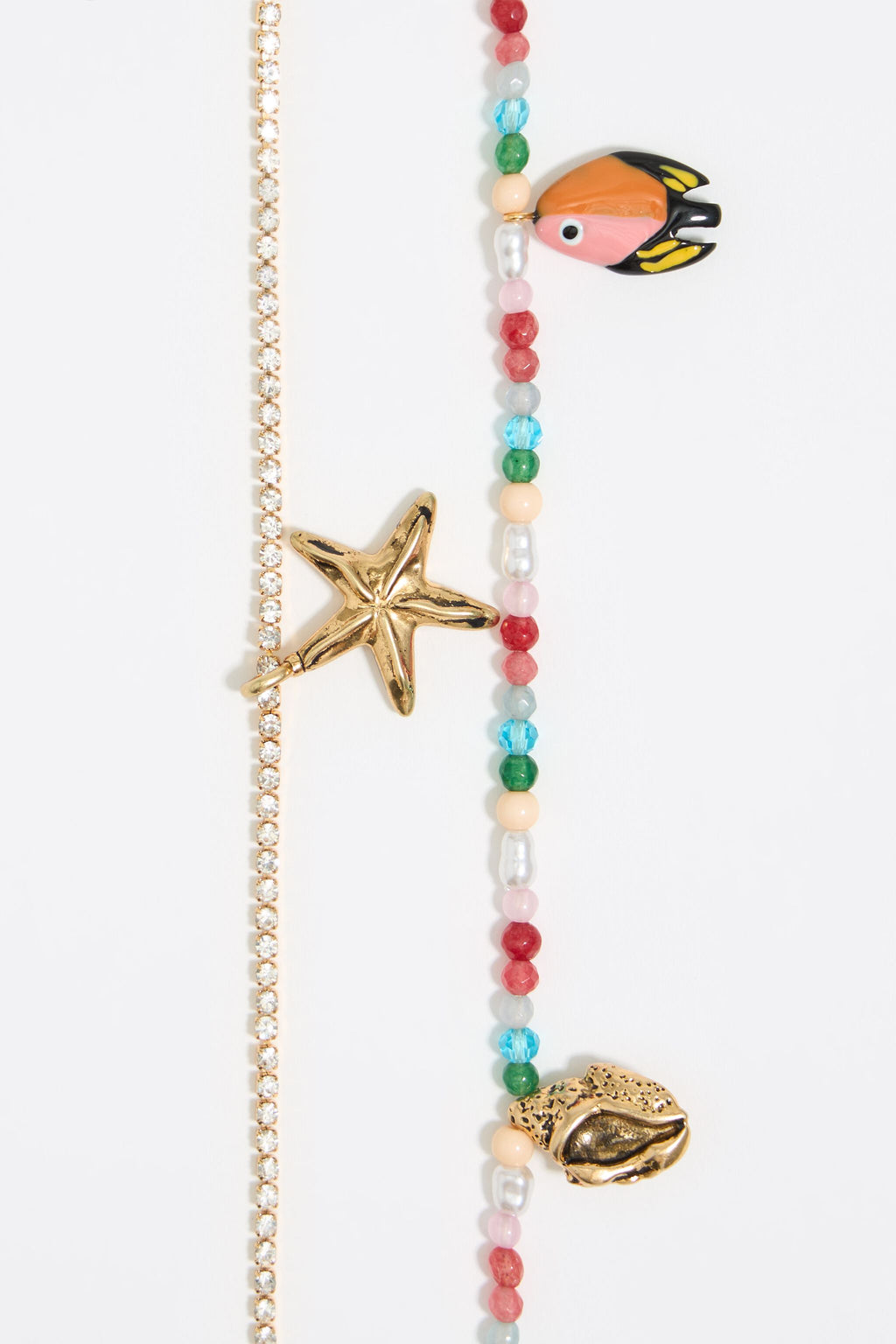 Multicolor fishes and beads double bracelet