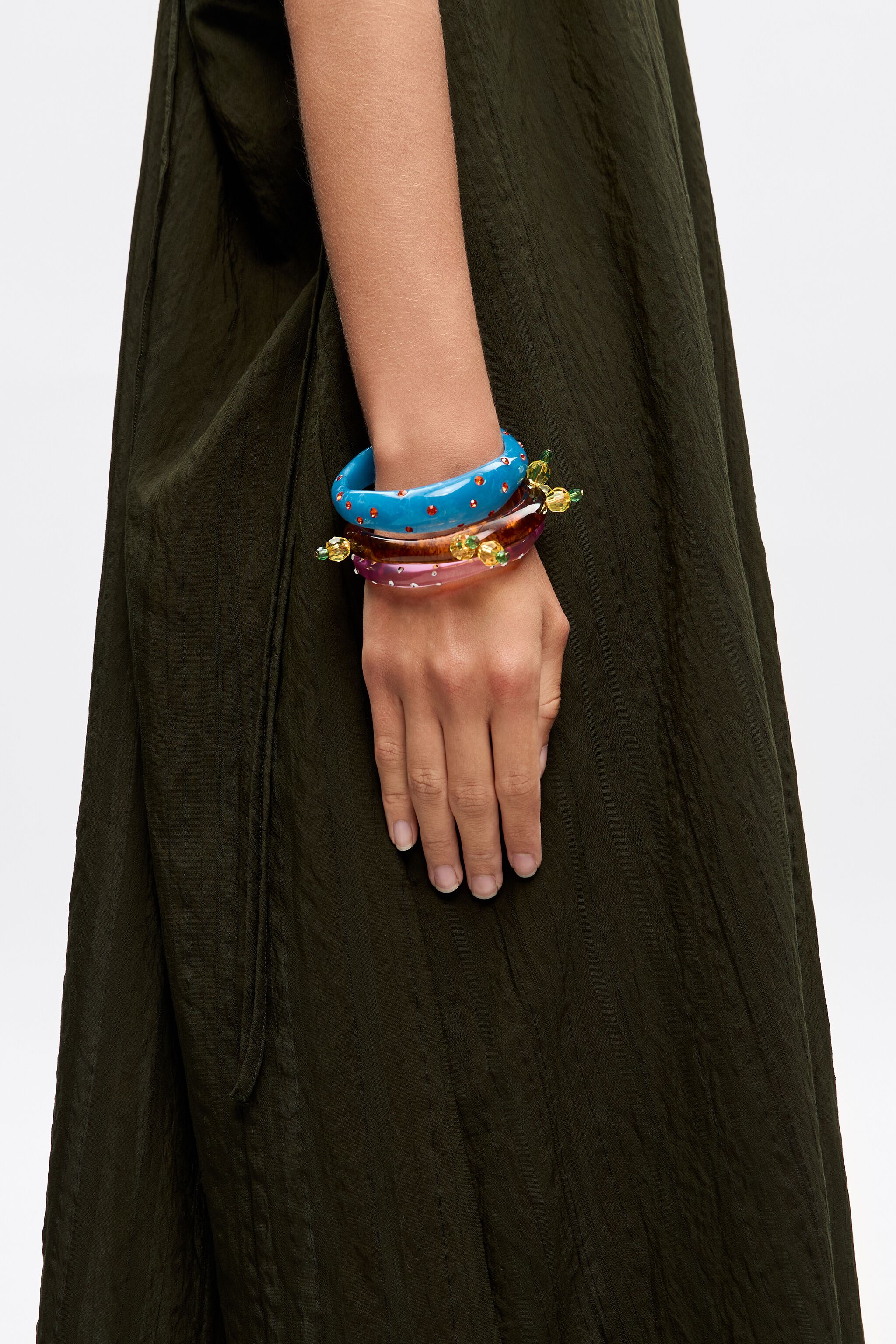 Set of three resin and multicolor crystal cactus bracelets