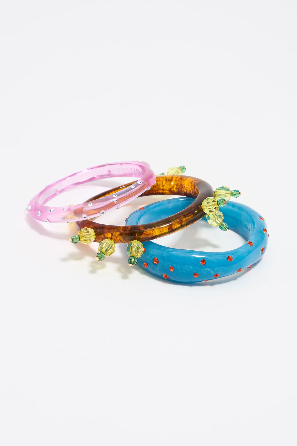 Set of three resin and multicolor crystal cactus bracelets