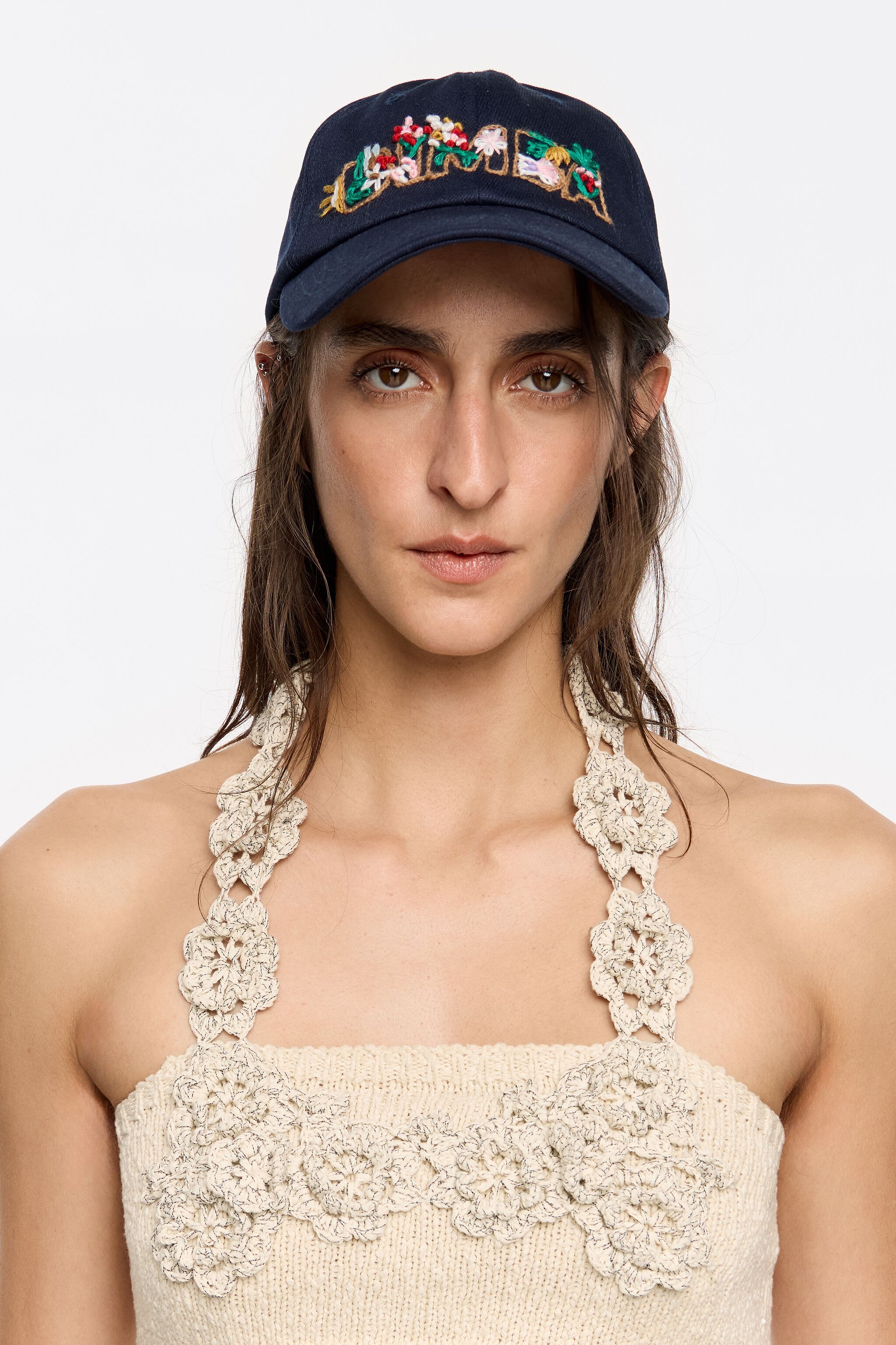 Navy blue cotton floral embroidery cap