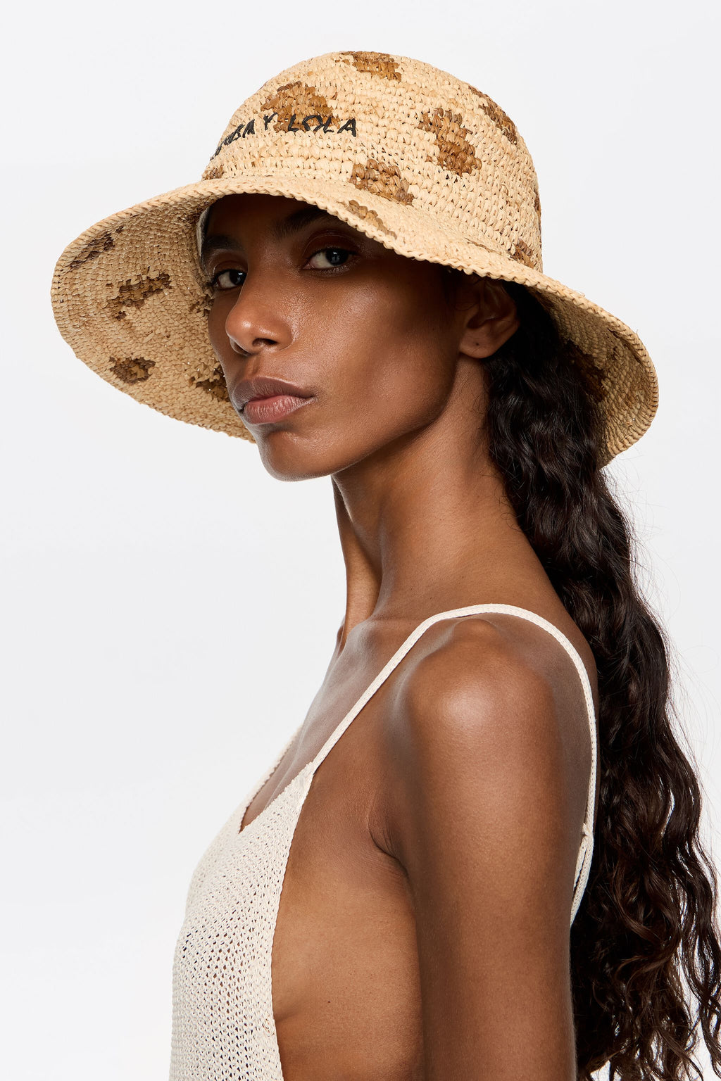 Beige leopard raffia hat