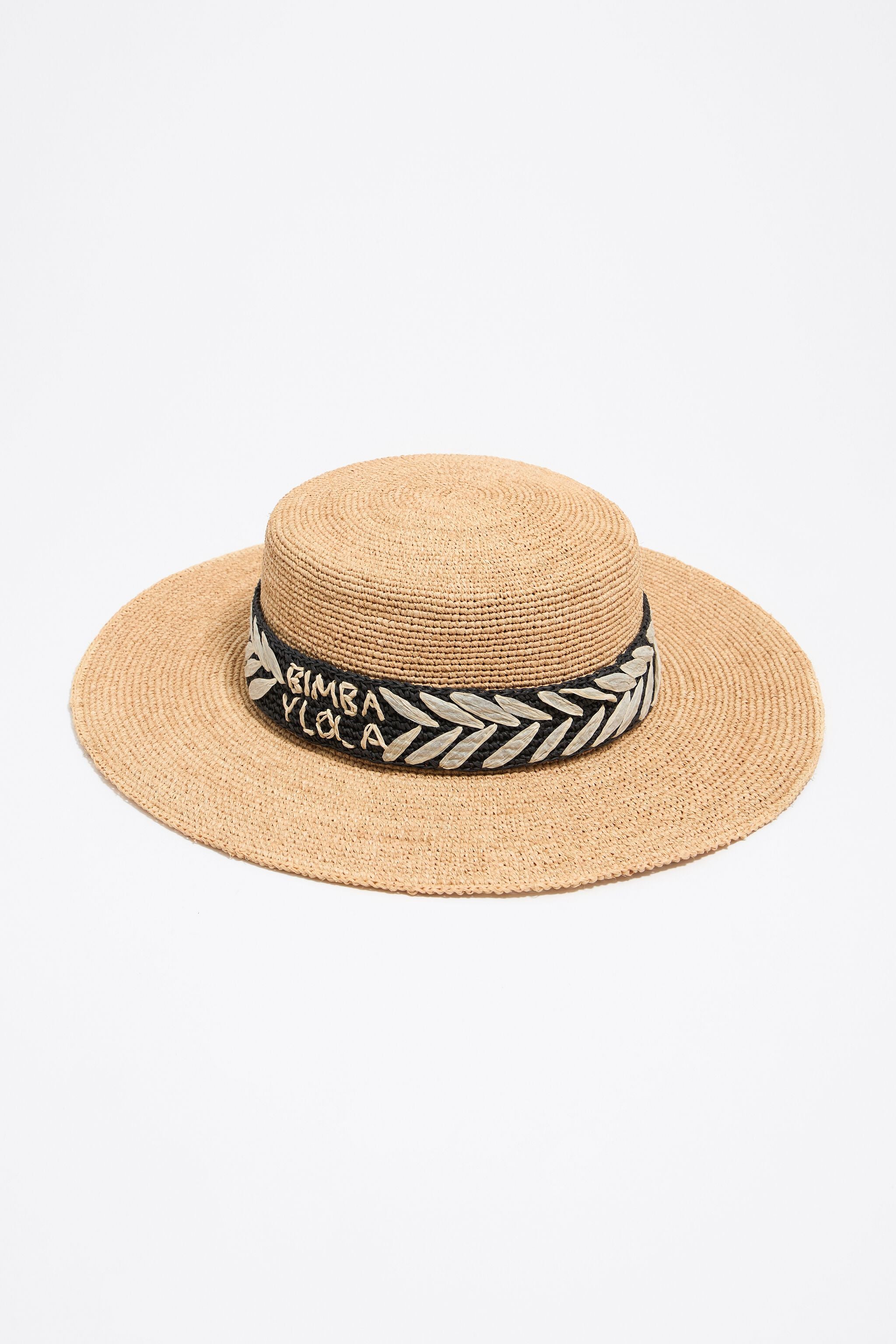 Black embroidered beige paper raffia hat