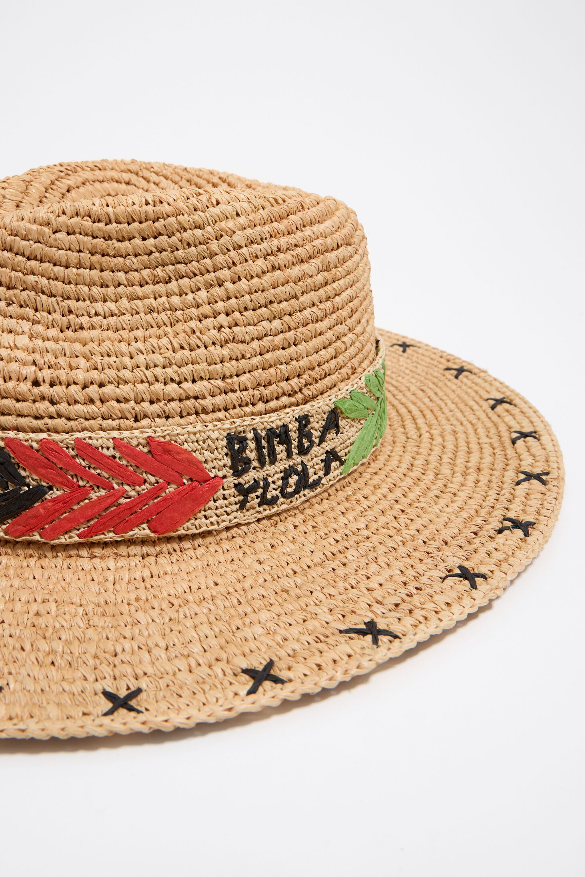 Multicolor embroidered beige paper raffia hat