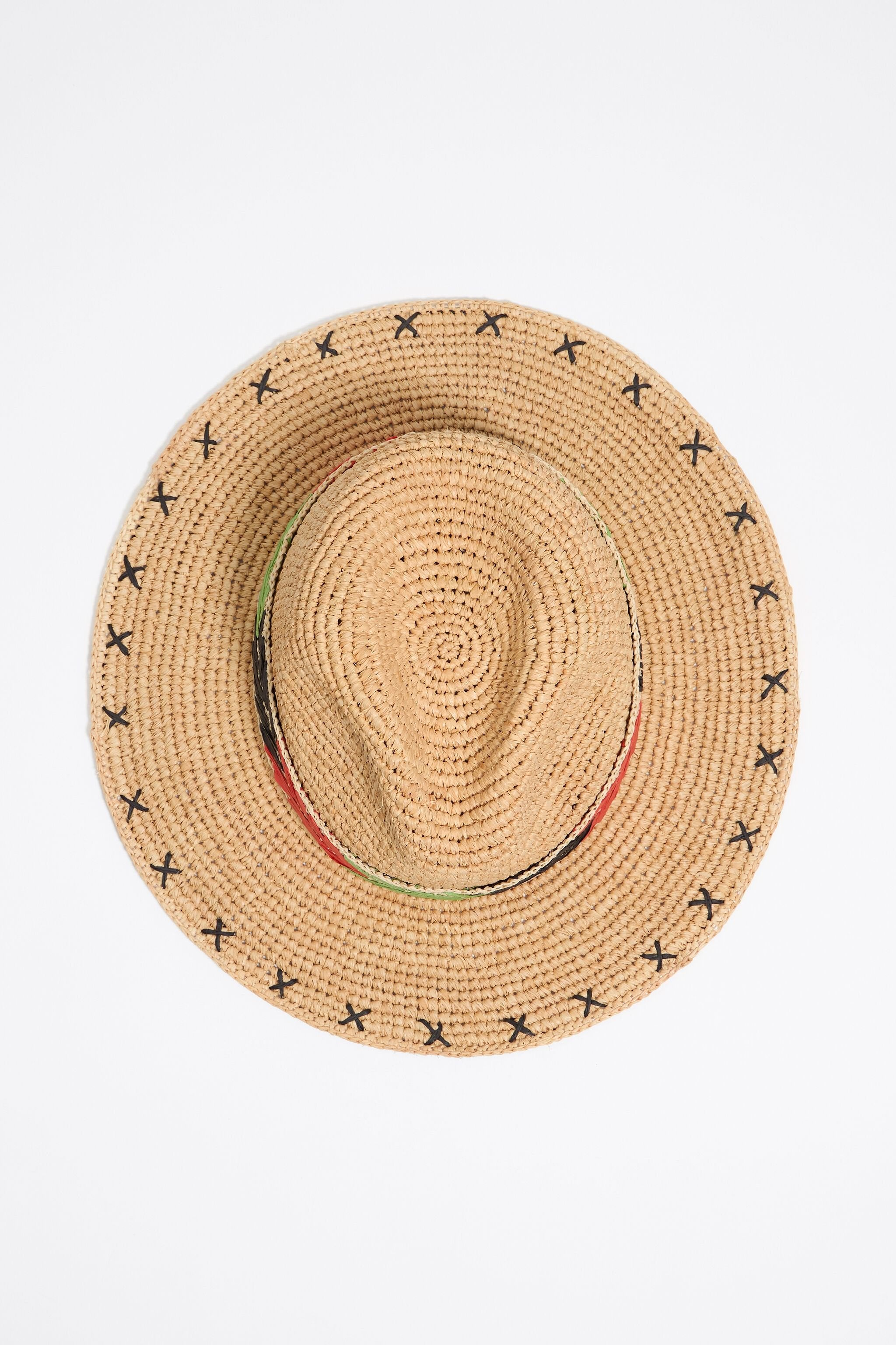 Multicolor embroidered beige paper raffia hat