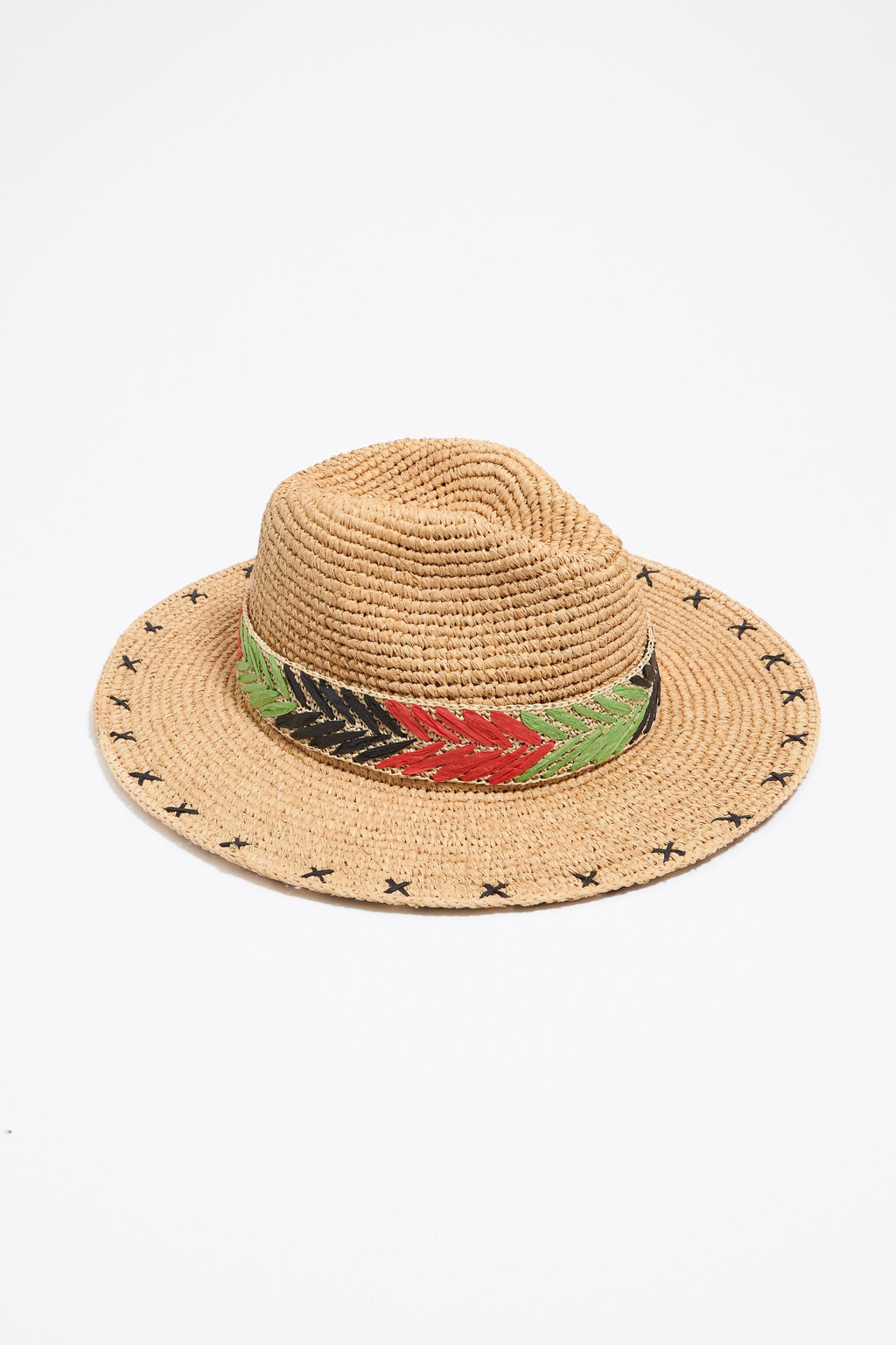 Multicolor embroidered beige paper raffia hat