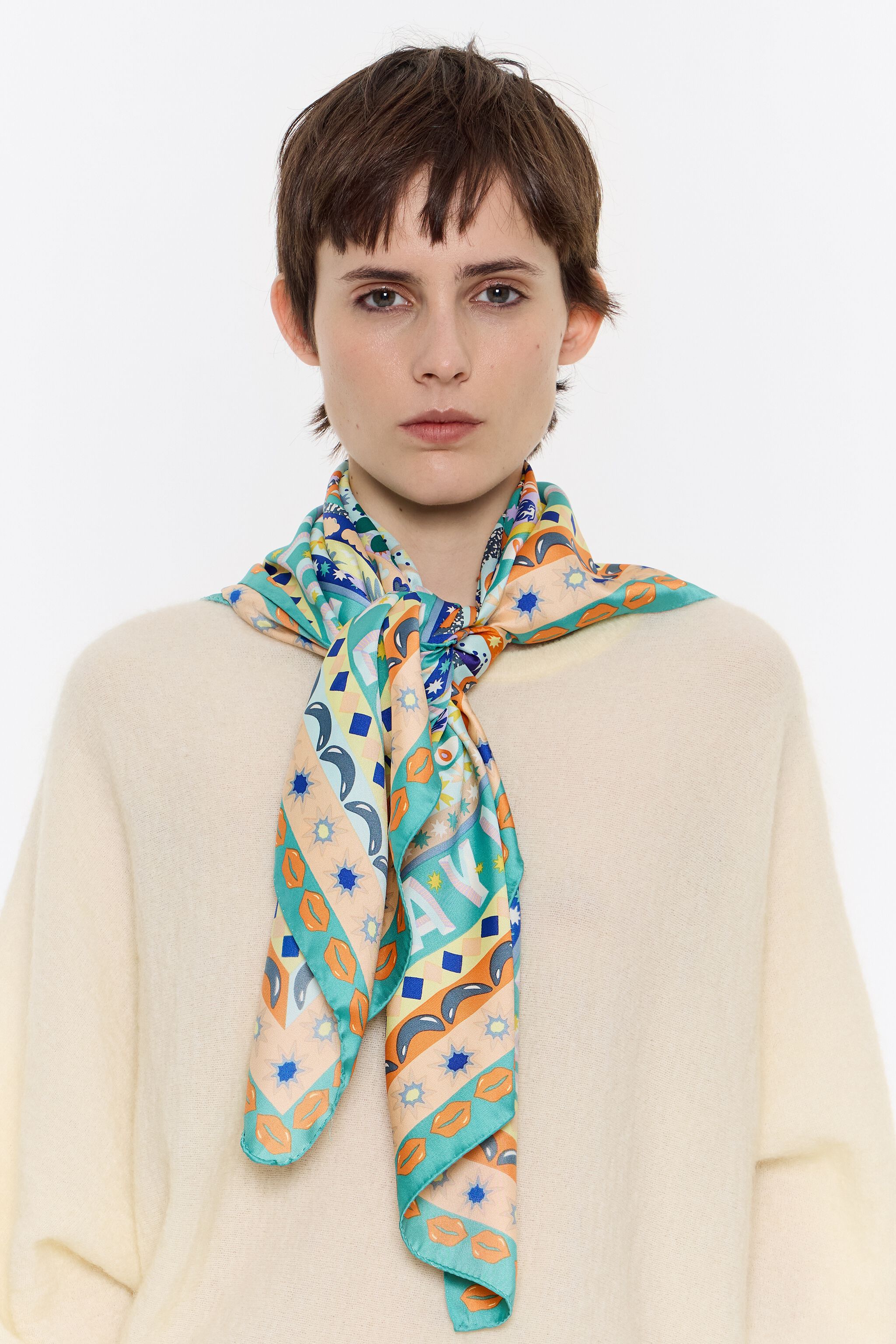 Aquamarine logos and floral borders scarf