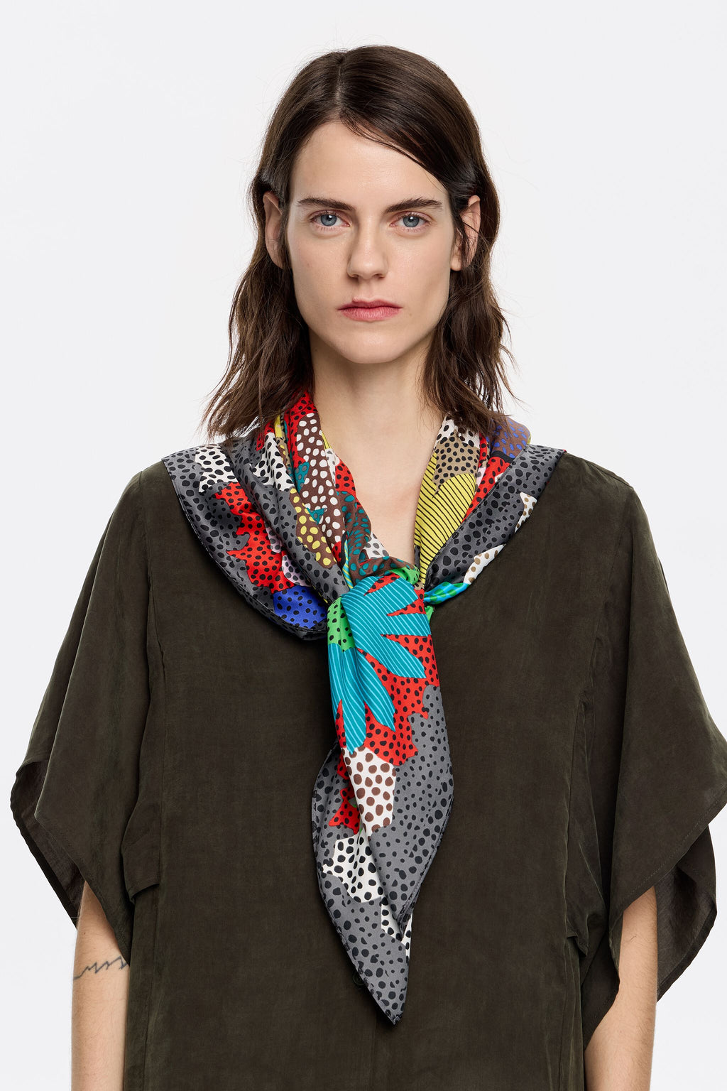 Red flowers, dots and stripes scarf