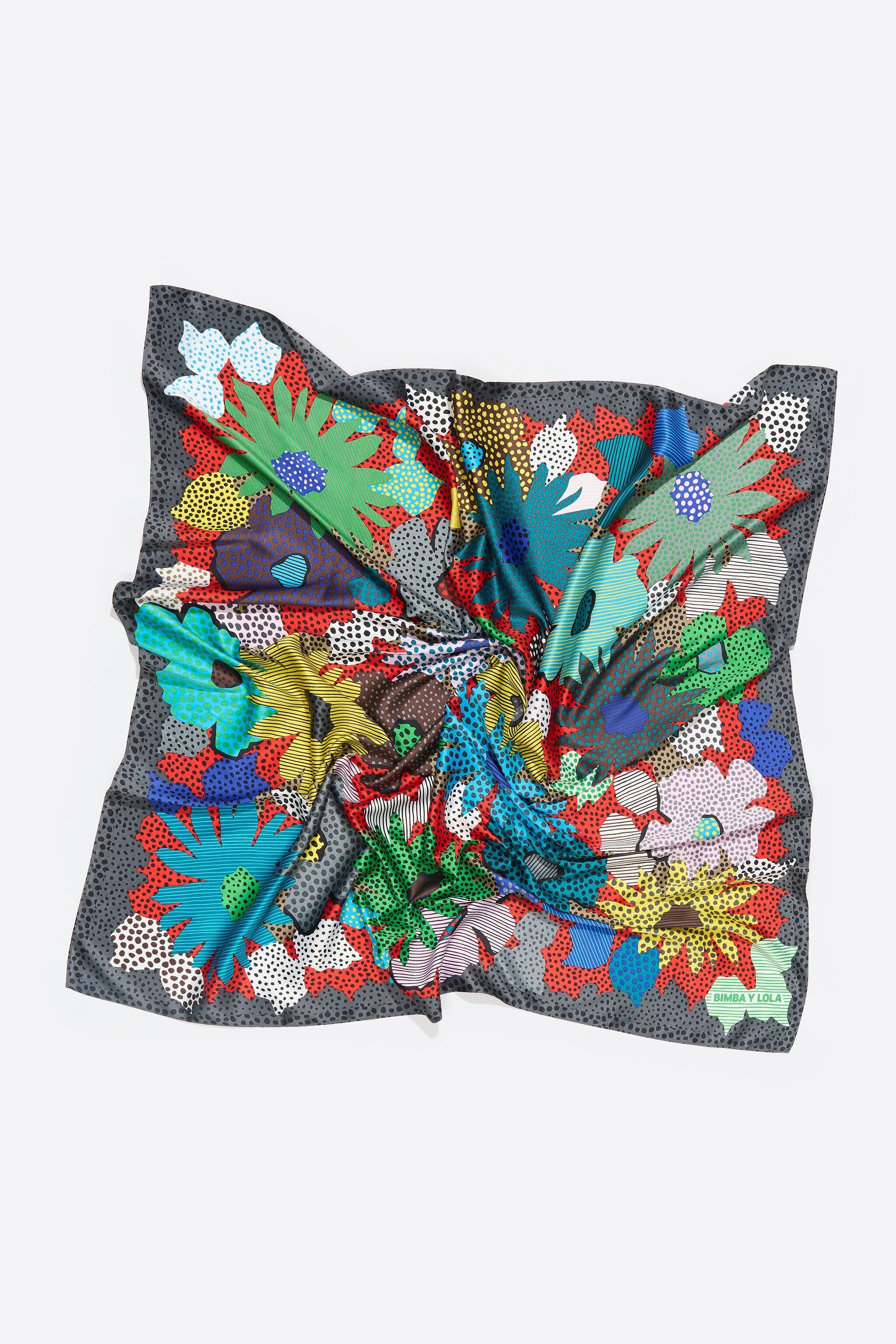 Red flowers, dots and stripes scarf