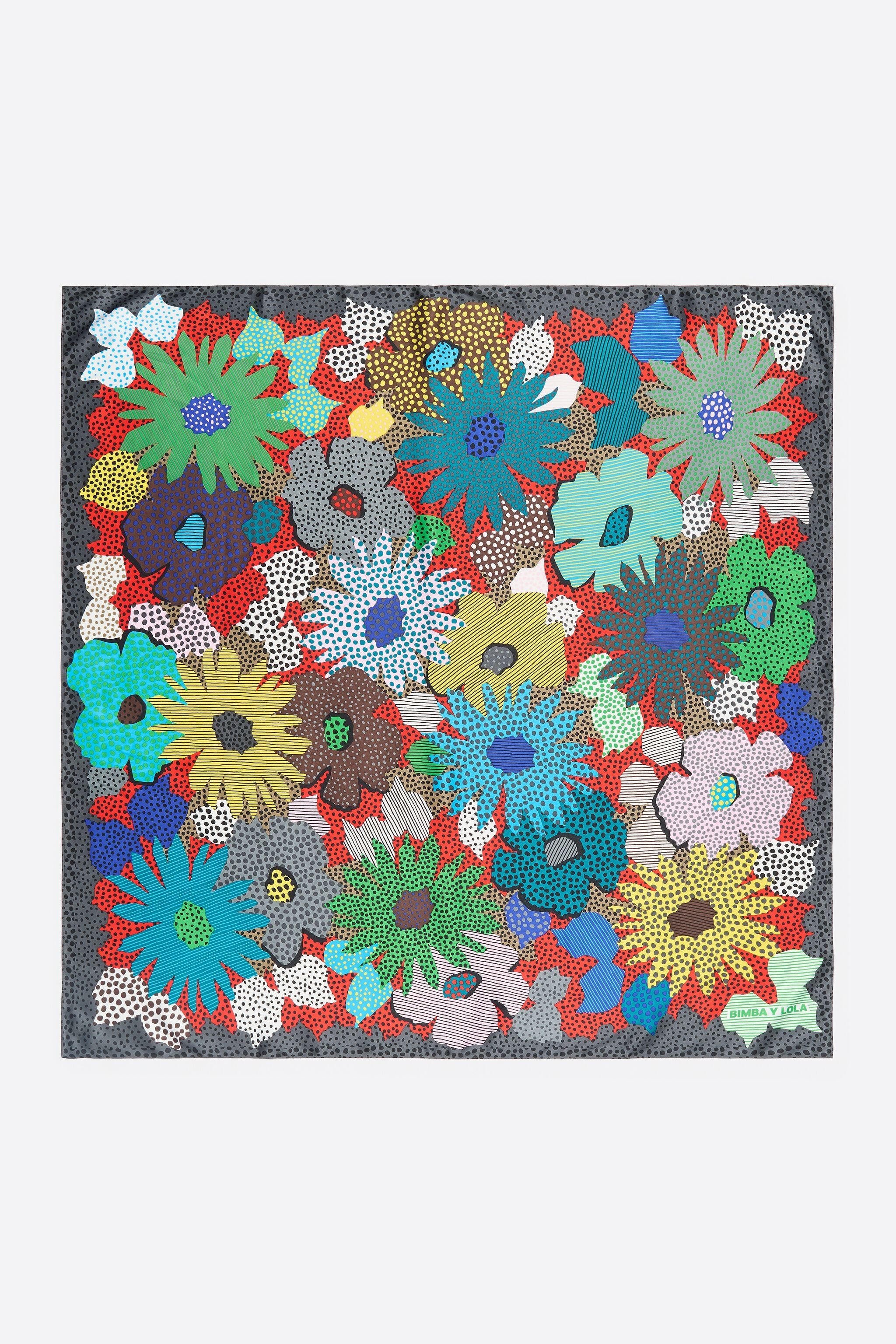 Red flowers, dots and stripes scarf