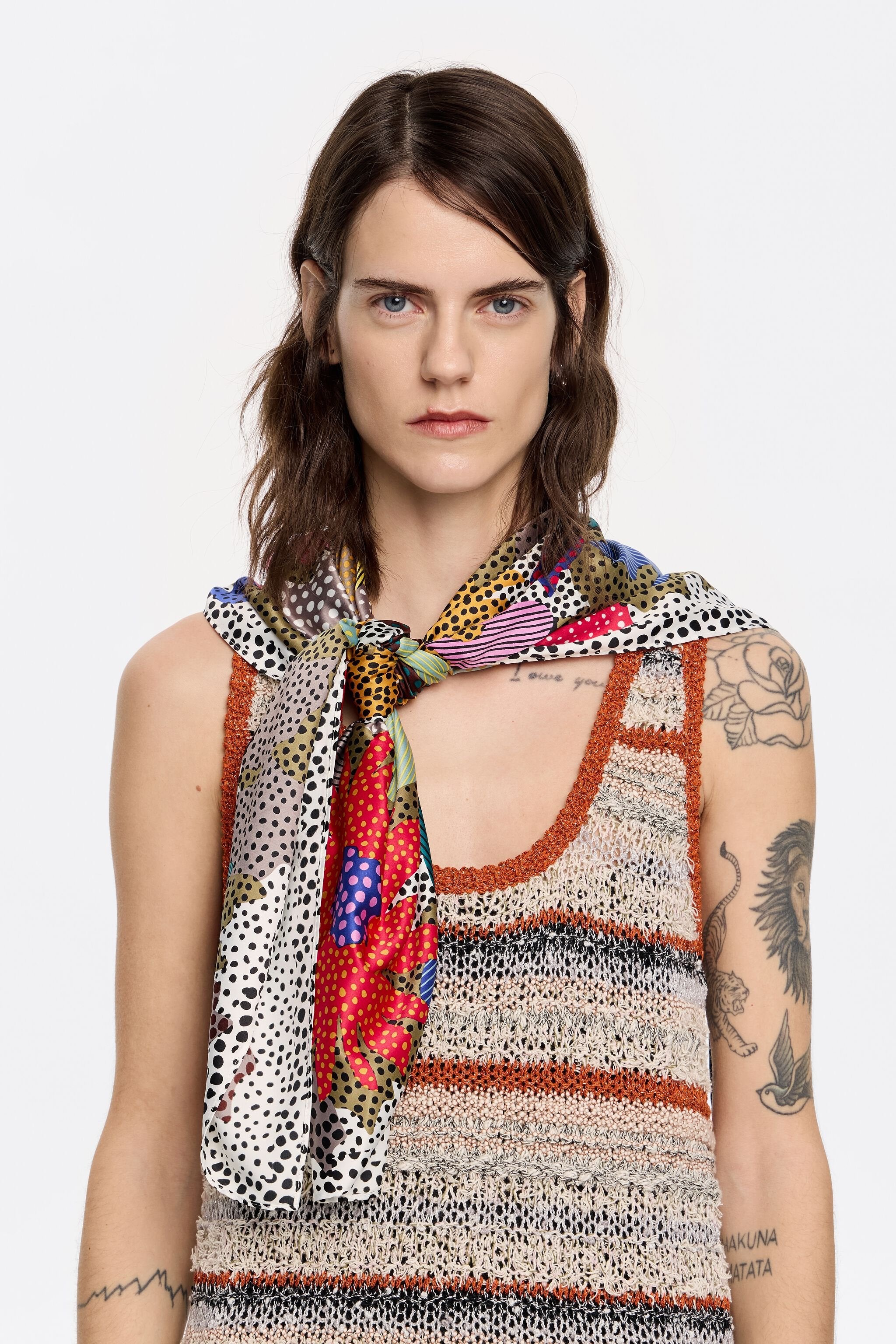 Khaki flowers, dots and stripes scarf