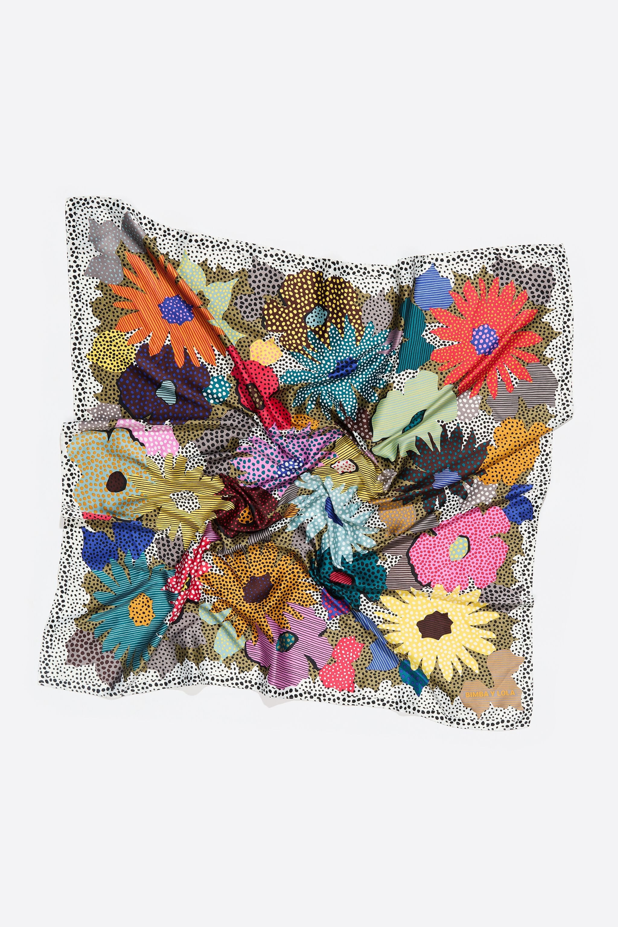 Khaki flowers, dots and stripes scarf