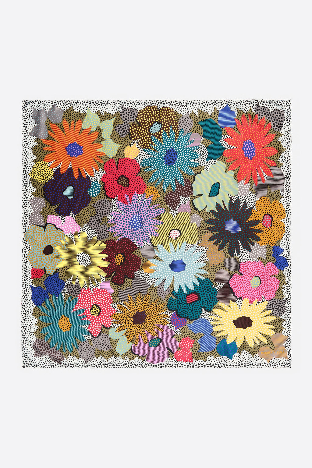 Khaki flowers, dots and stripes scarf