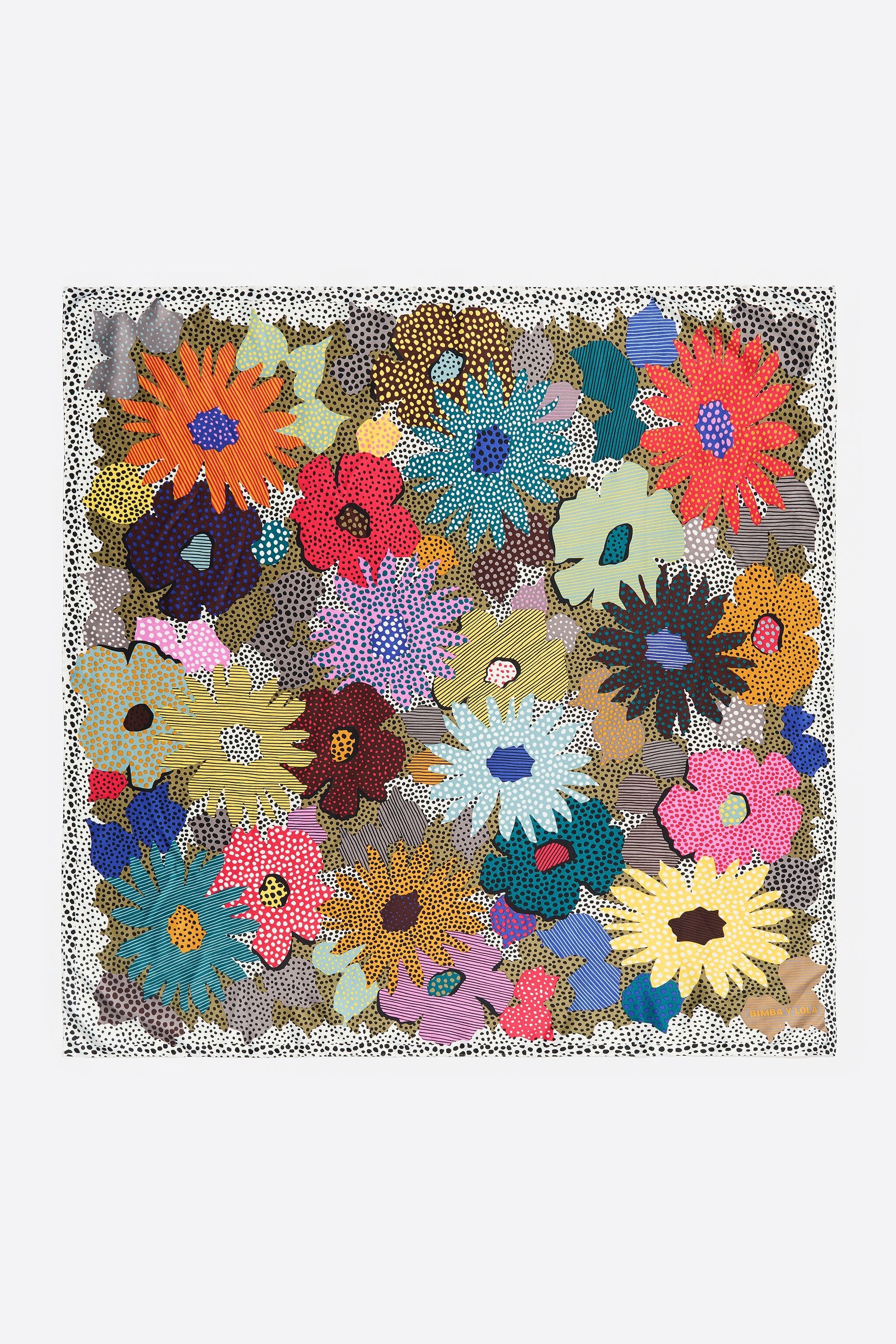 Khaki flowers, dots and stripes scarf