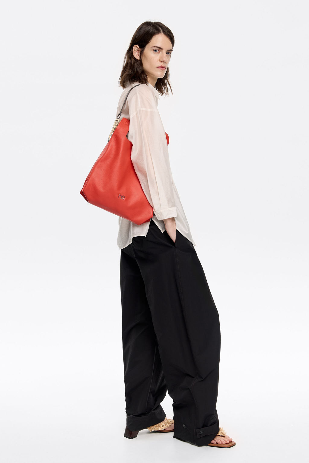 Medium coral leather Paper bag