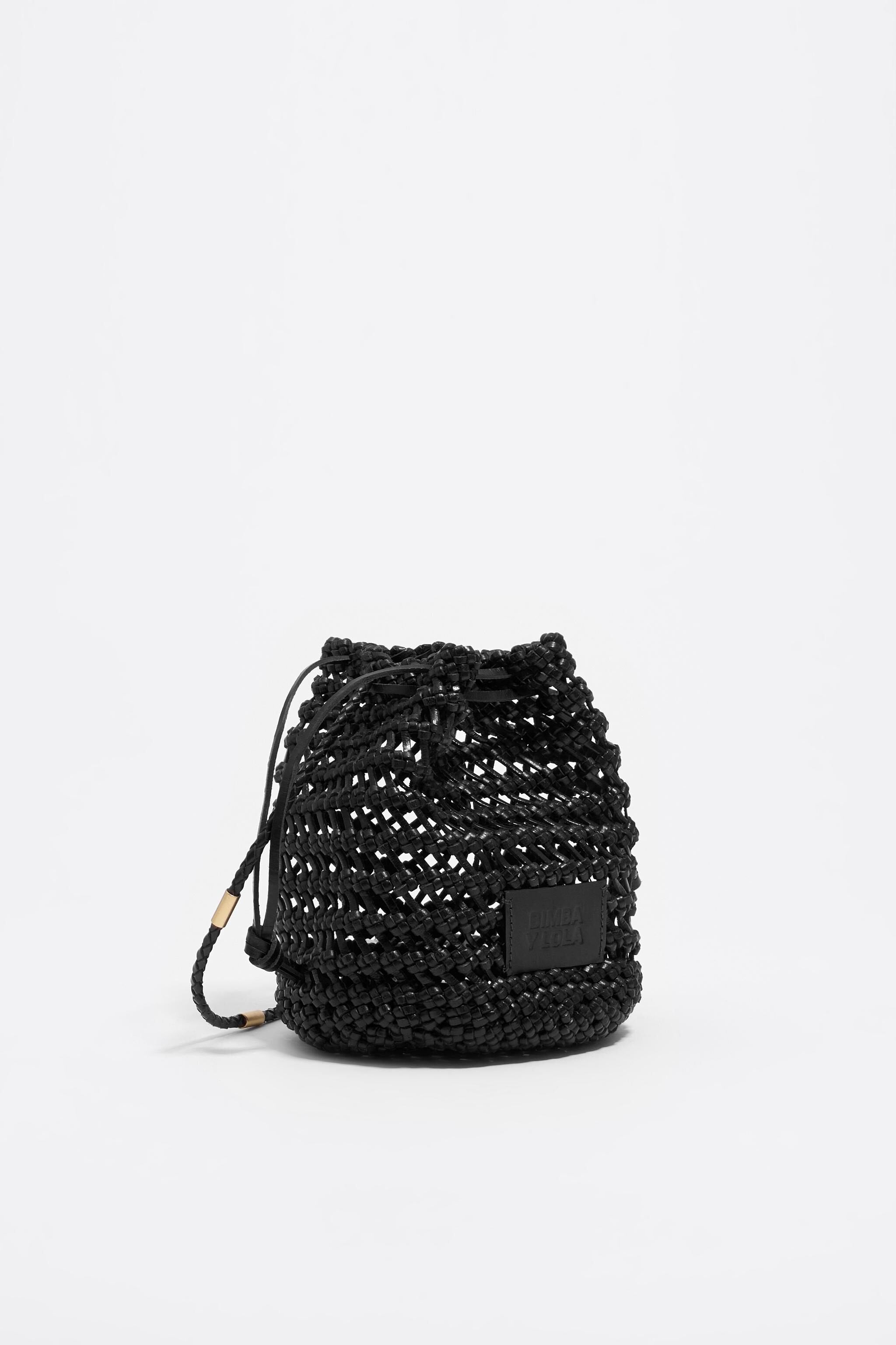 Small black plaited leather bucket bag