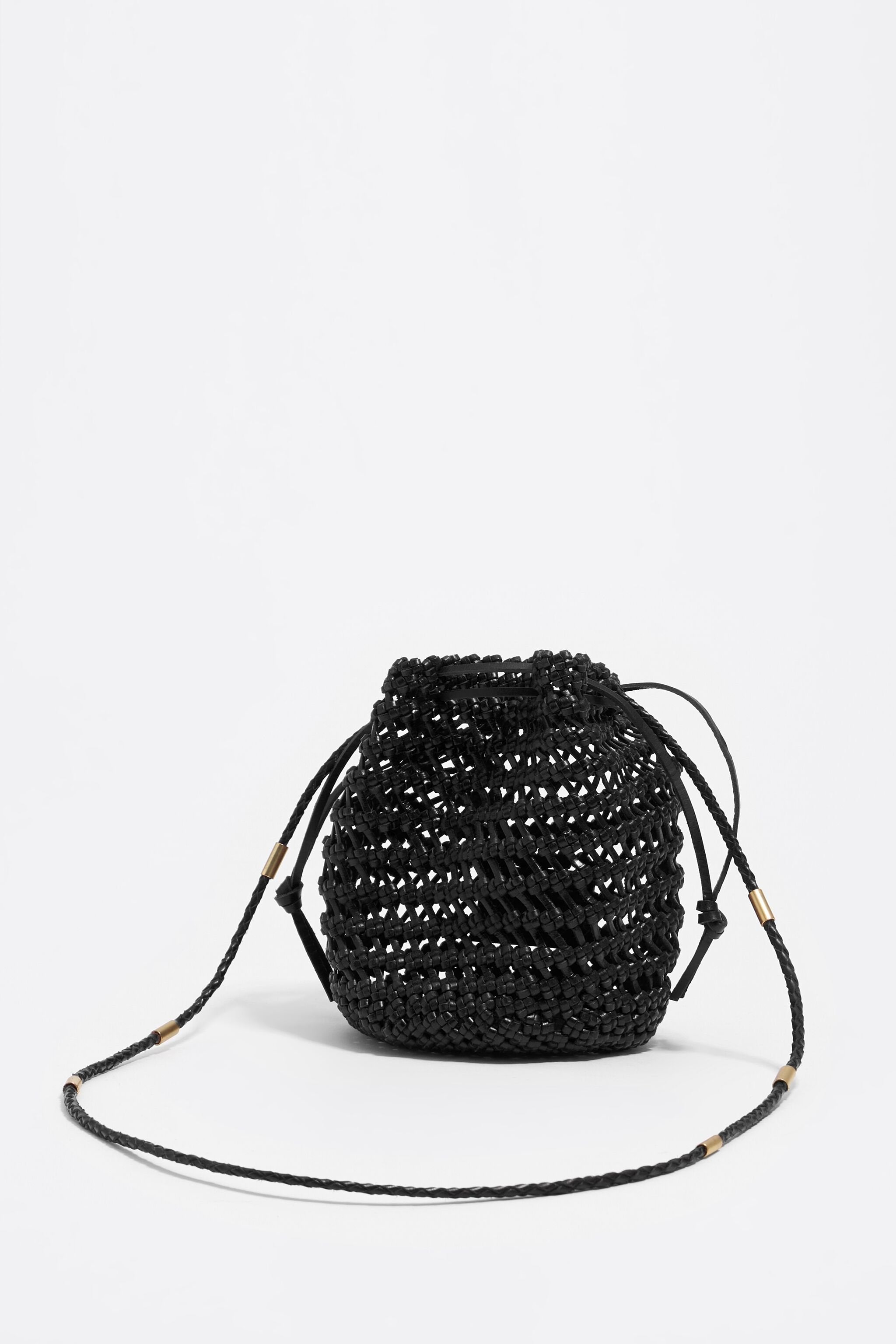 Small black plaited leather bucket bag