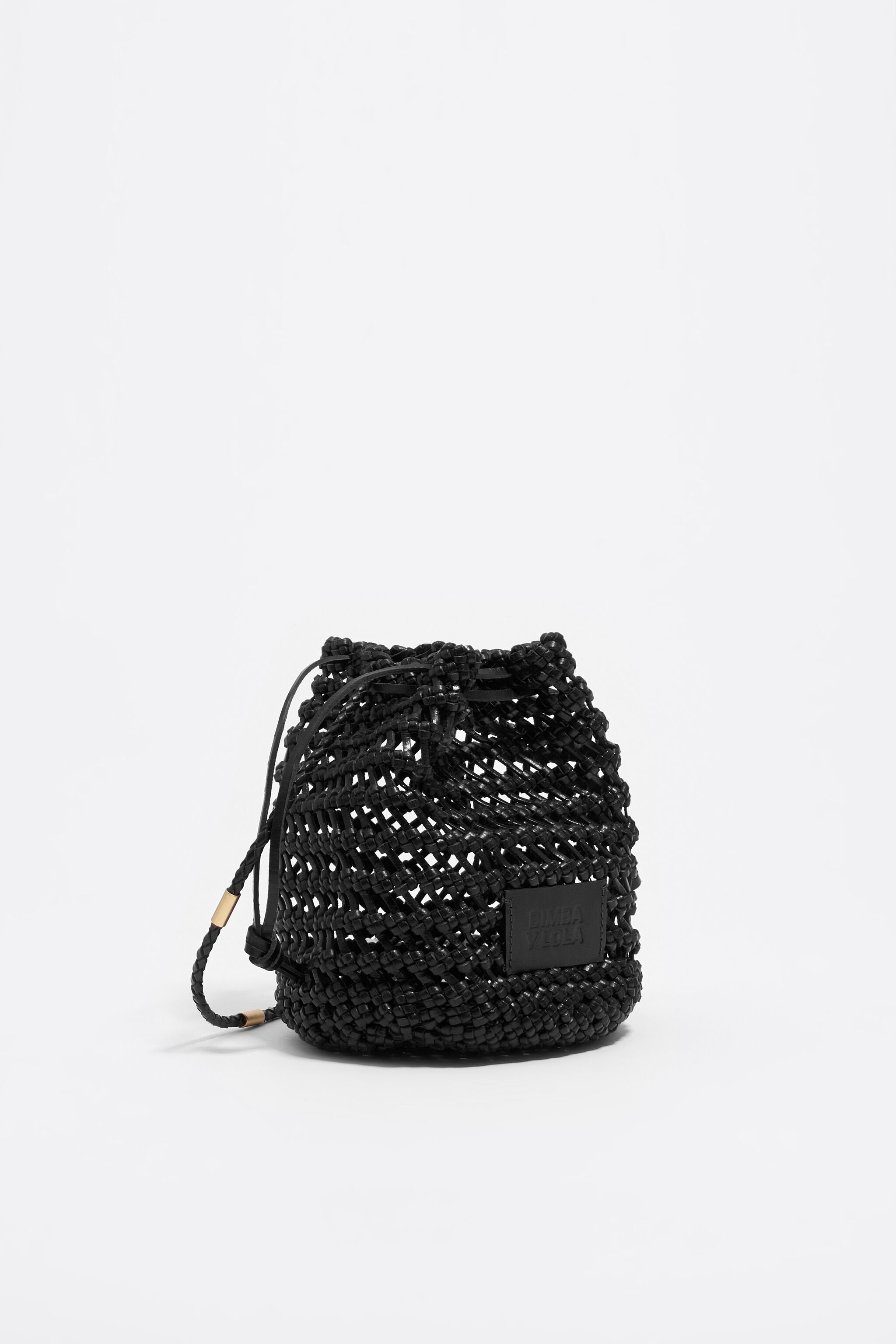 Small black plaited leather bucket bag