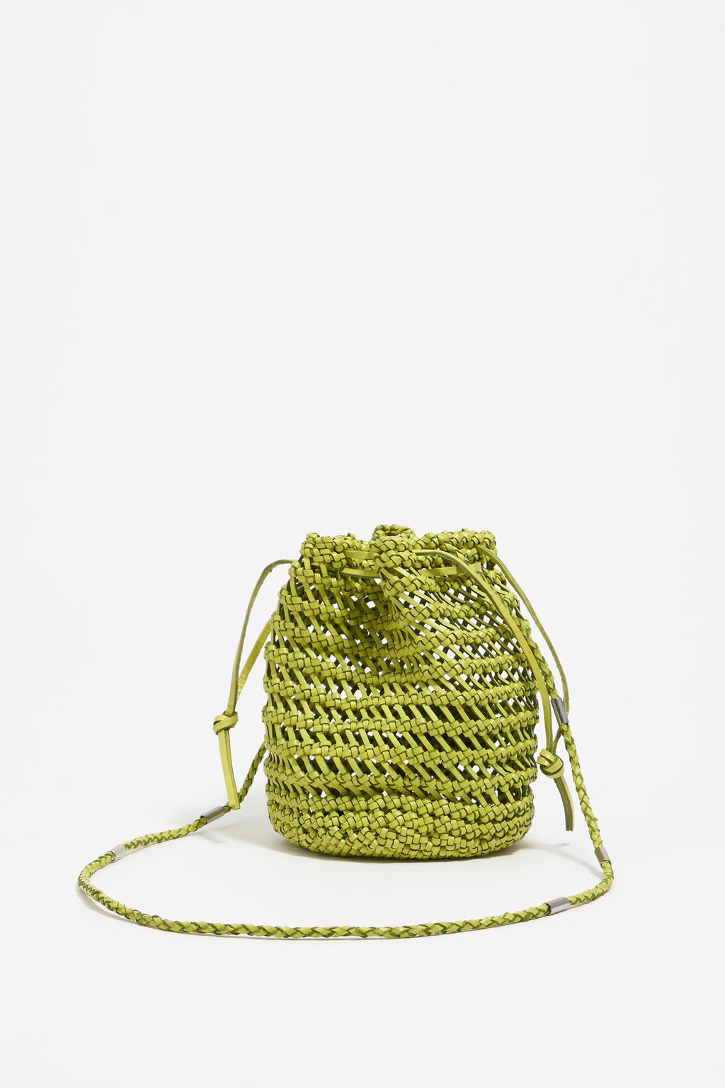 Small acid lime plaited leather bucket bag
