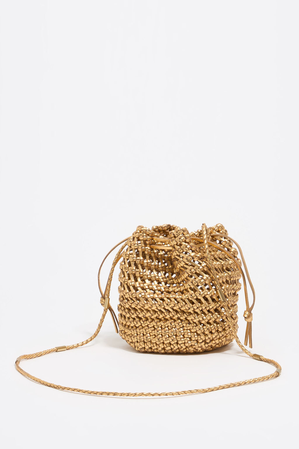 Small gold plaited leather bucket bag