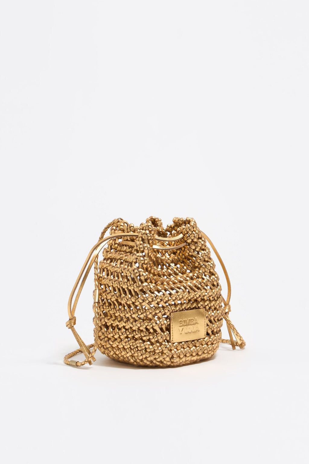 Small gold plaited leather bucket bag