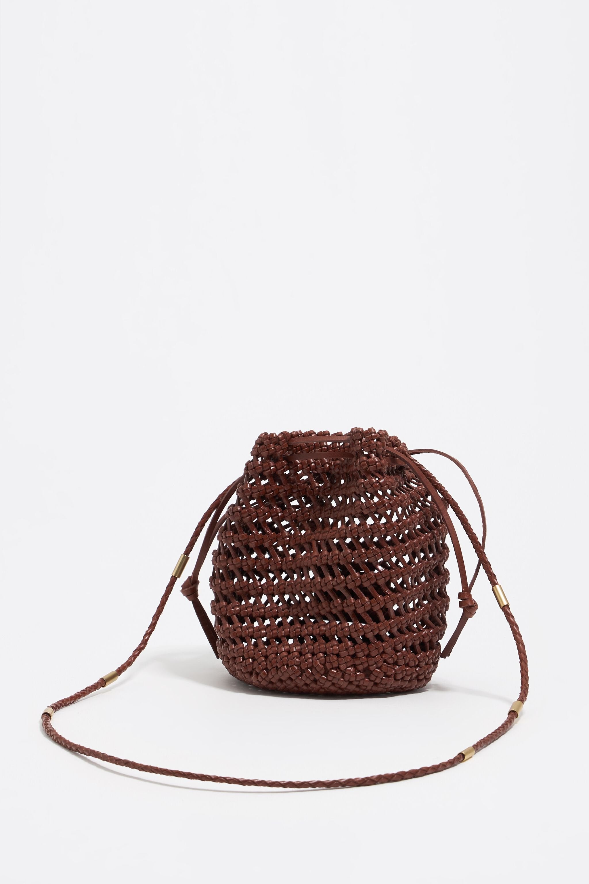 Small walnut plaited leather bucket bag