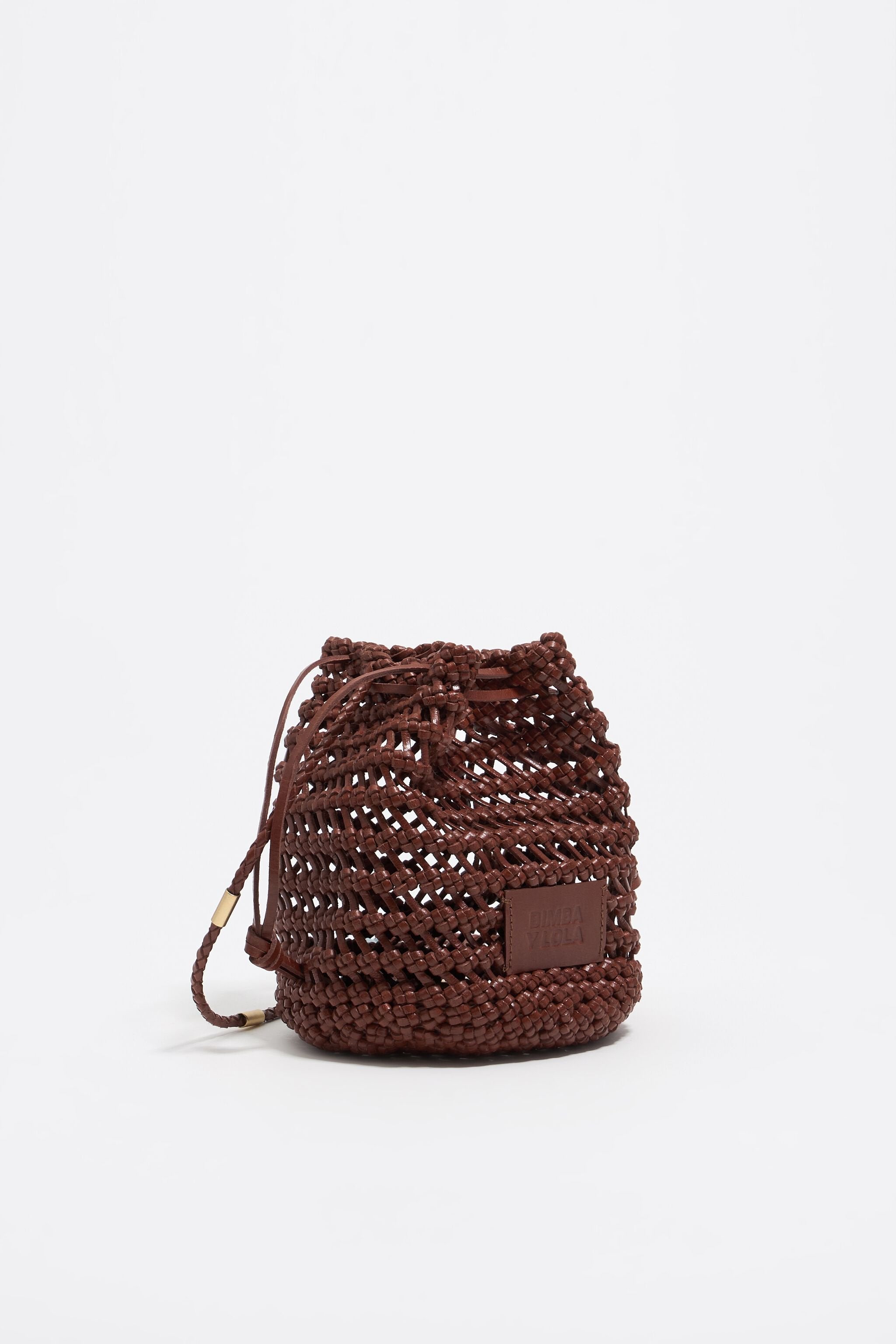 Small walnut plaited leather bucket bag