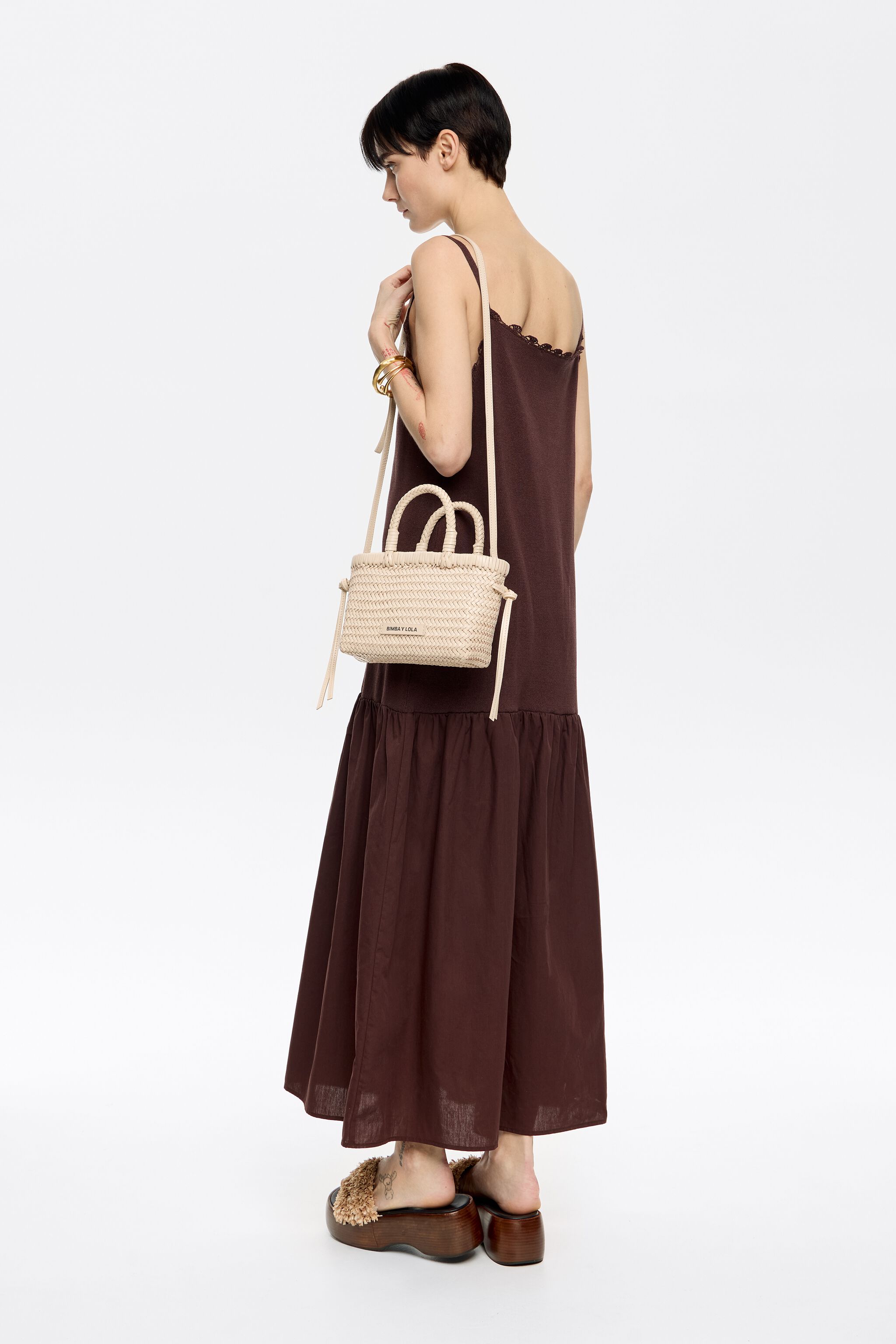 Mini sand leather shopper bag