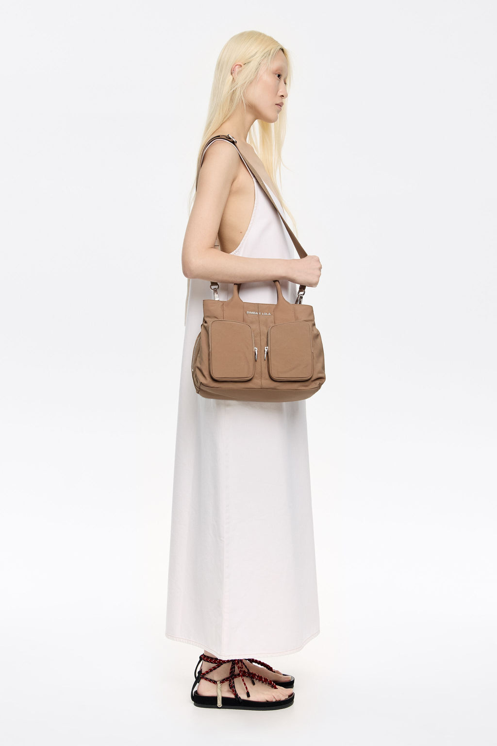 Large bark brown nylon Pocket handbag