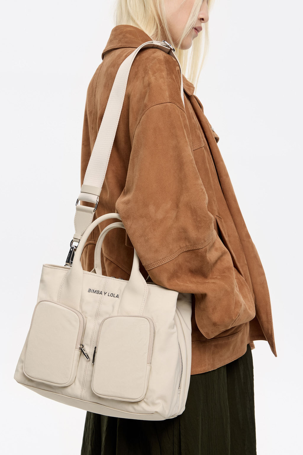 Large stone white nylon Pocket handbag