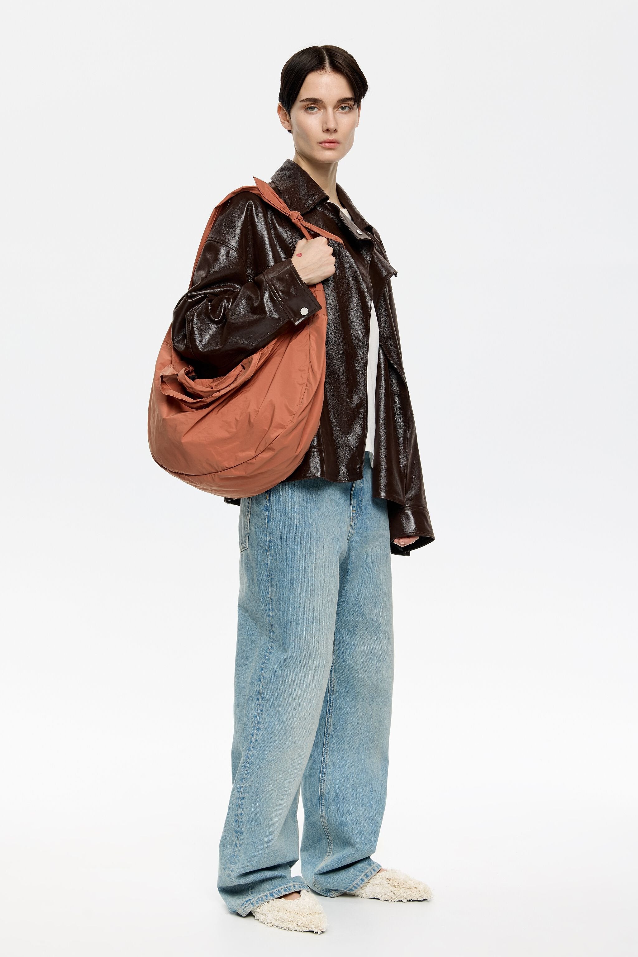 Large orange nylon shopper bag