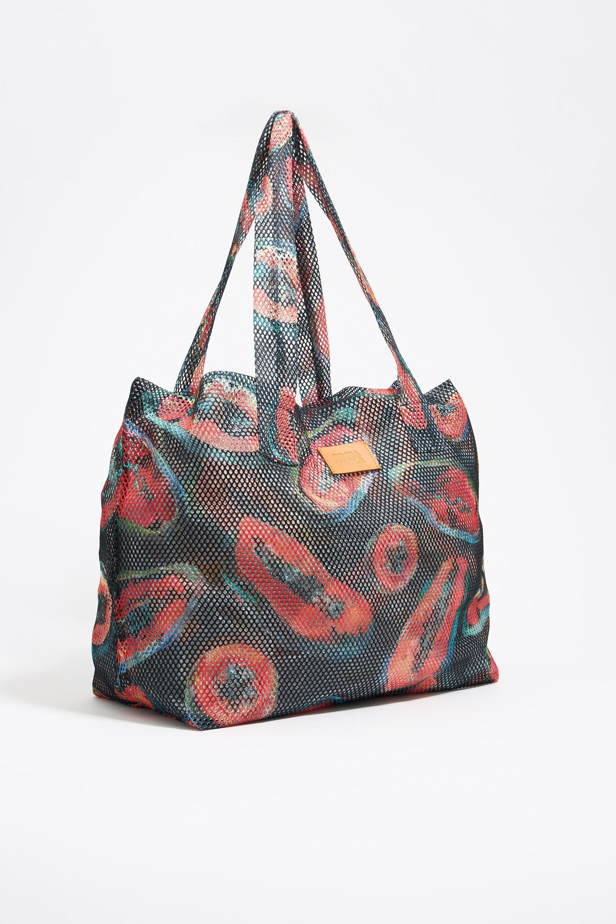 Black nylon shopper bag with papaya print