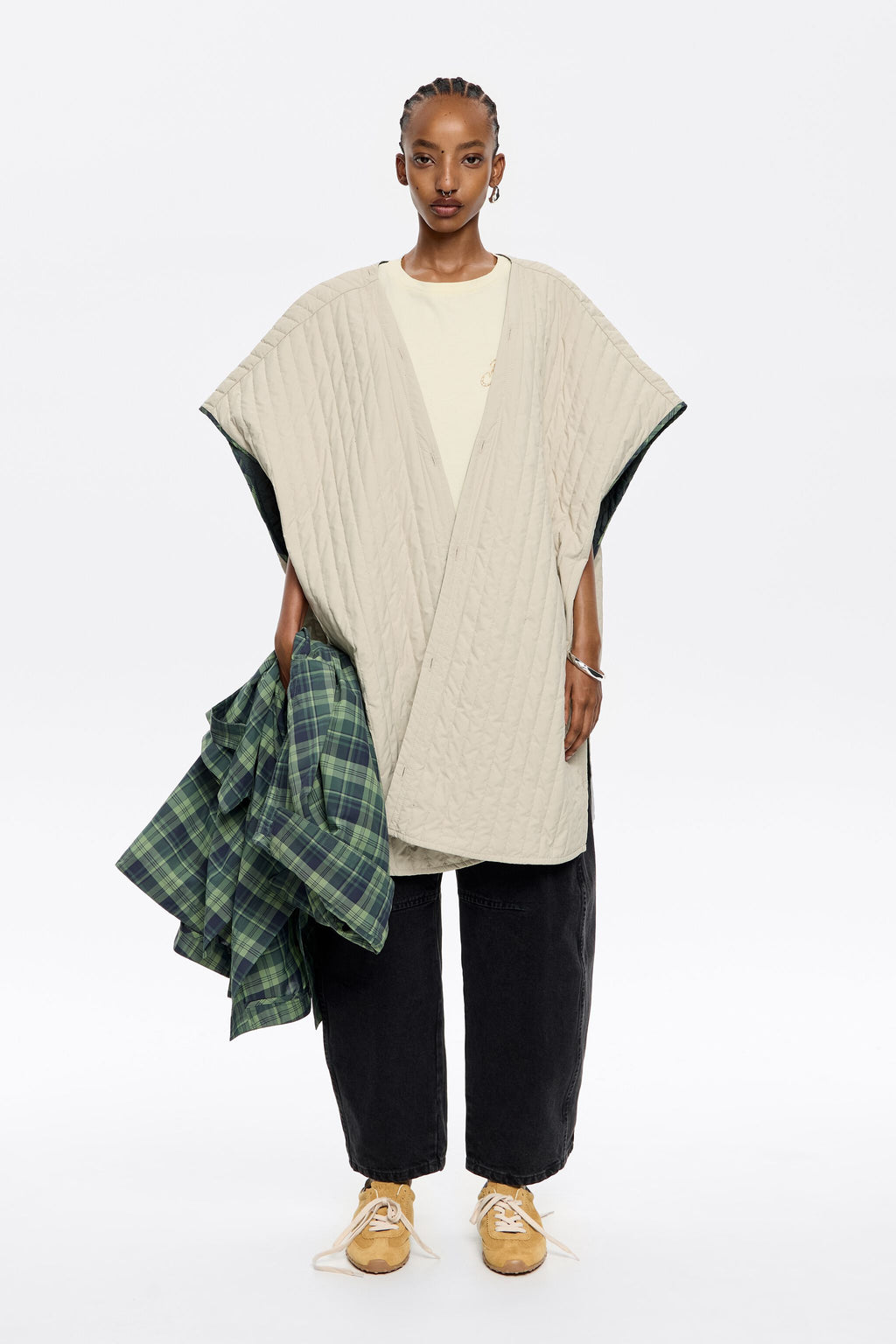 Light green checked trench vest