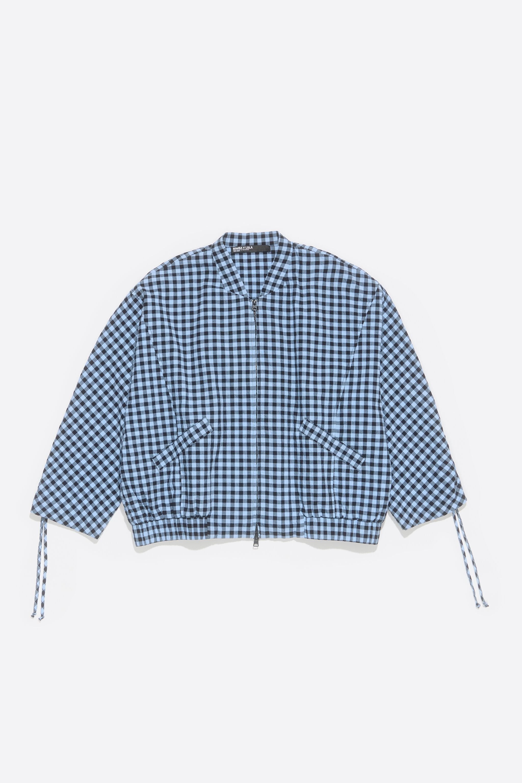 Powder blue checked textured bomber jacket